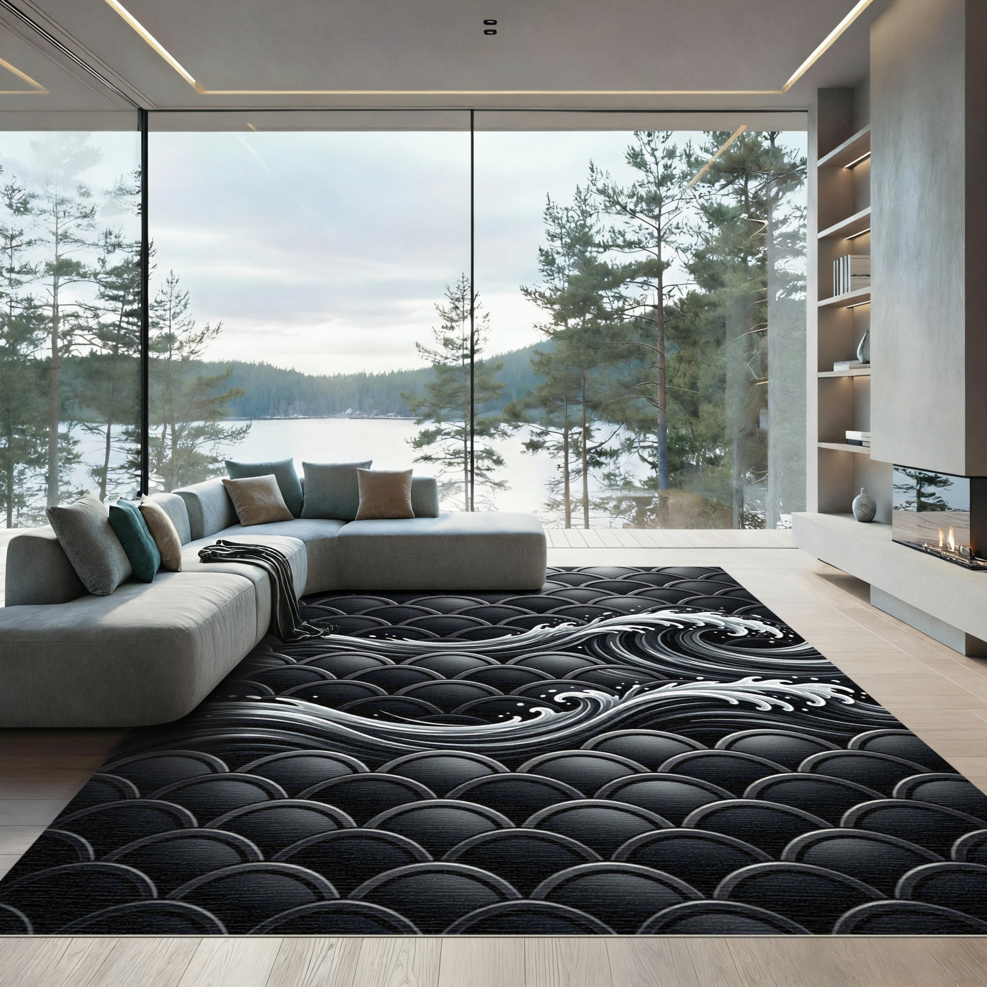 Dark Gray Wave Shell Pattern Rug