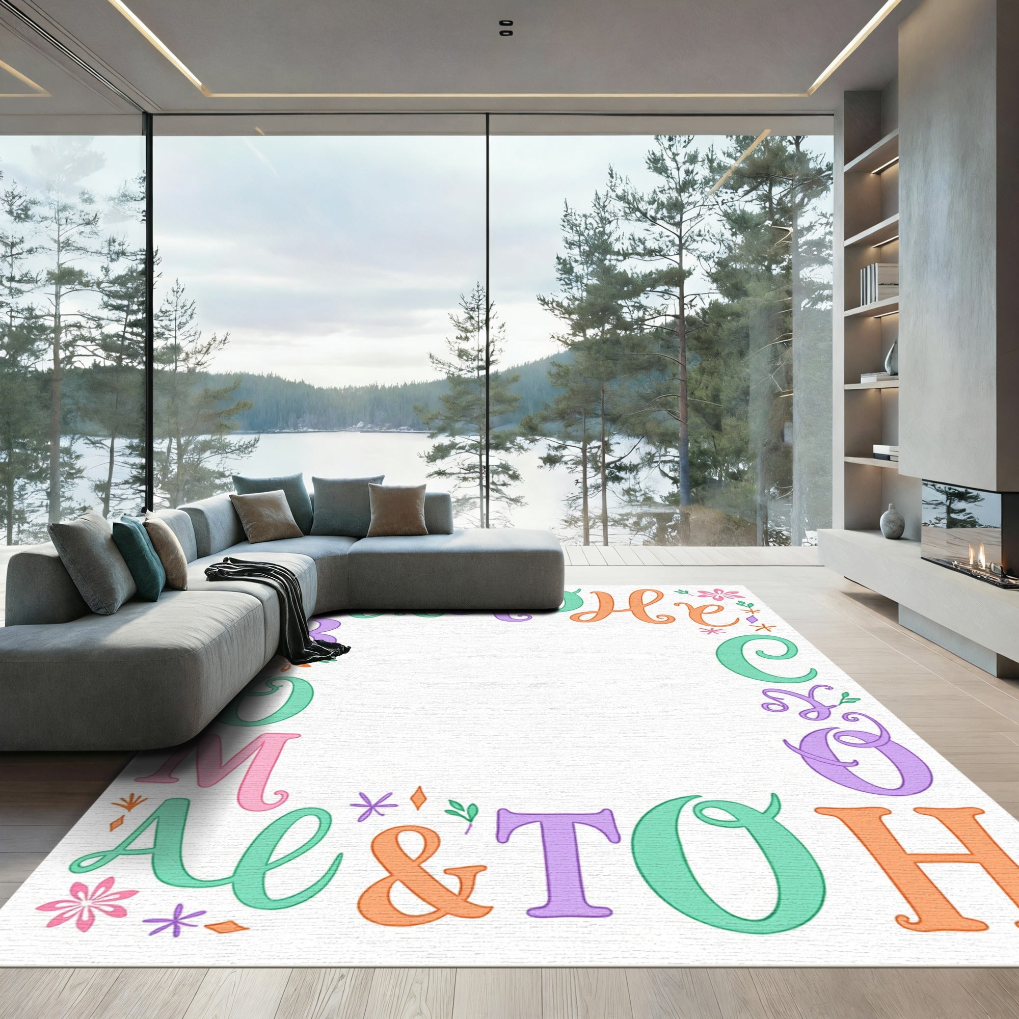 Whimsical Alphabet Border Coral Mint Rug