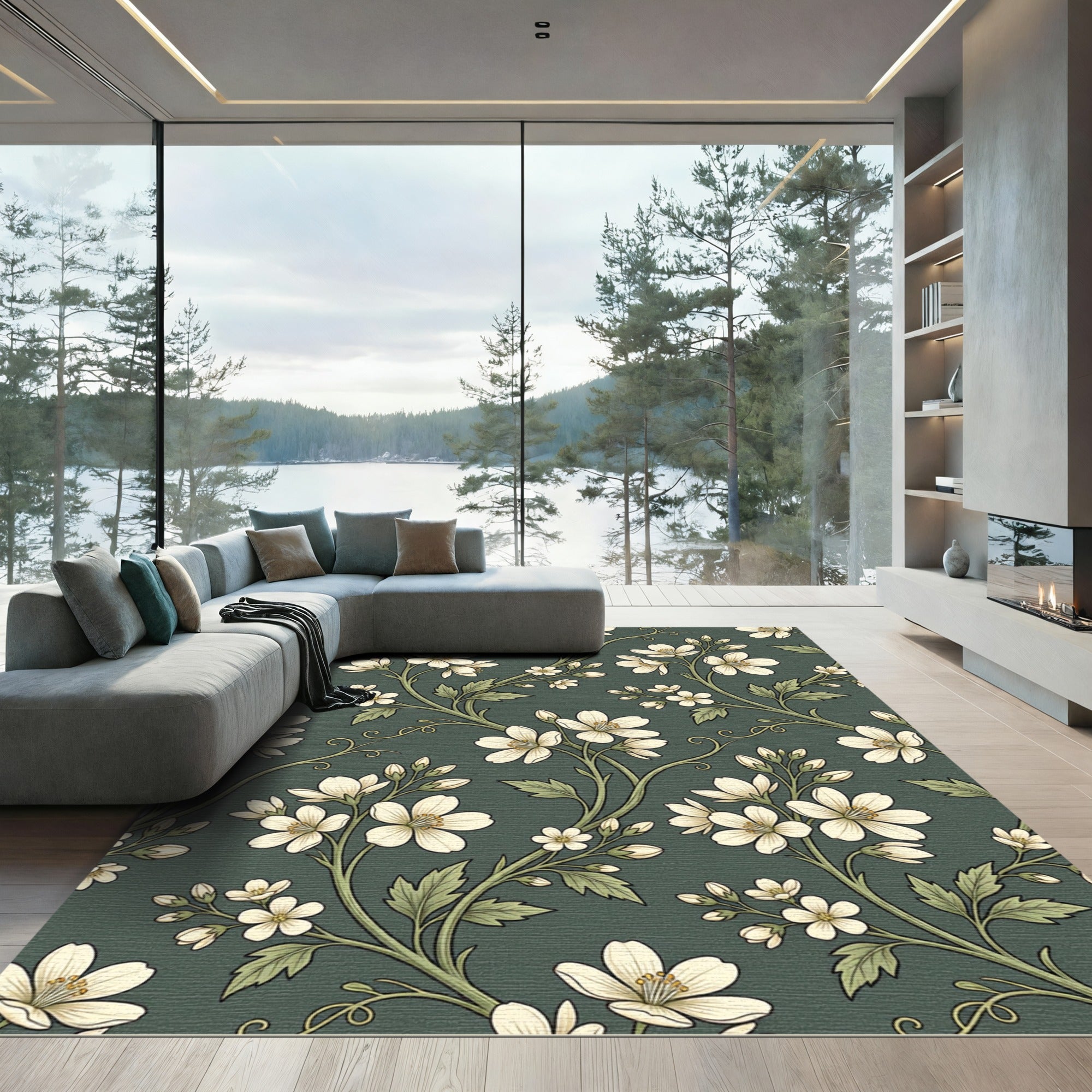 Vintage Olive Floral Botanical Meadow Rug