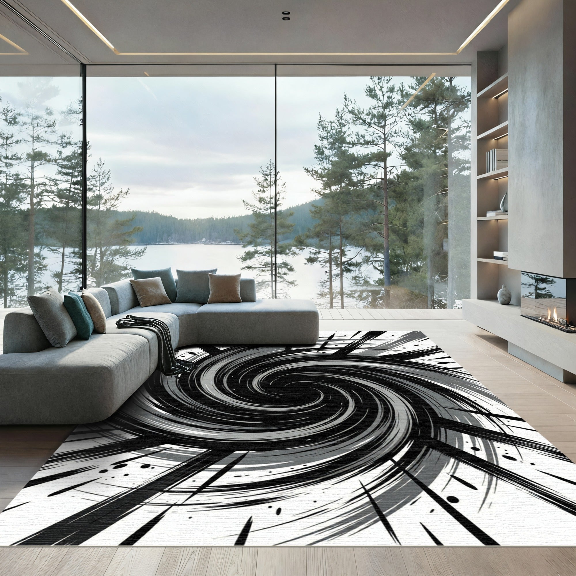 Monochrome Swirling Vortex Graphic Abstract Rug