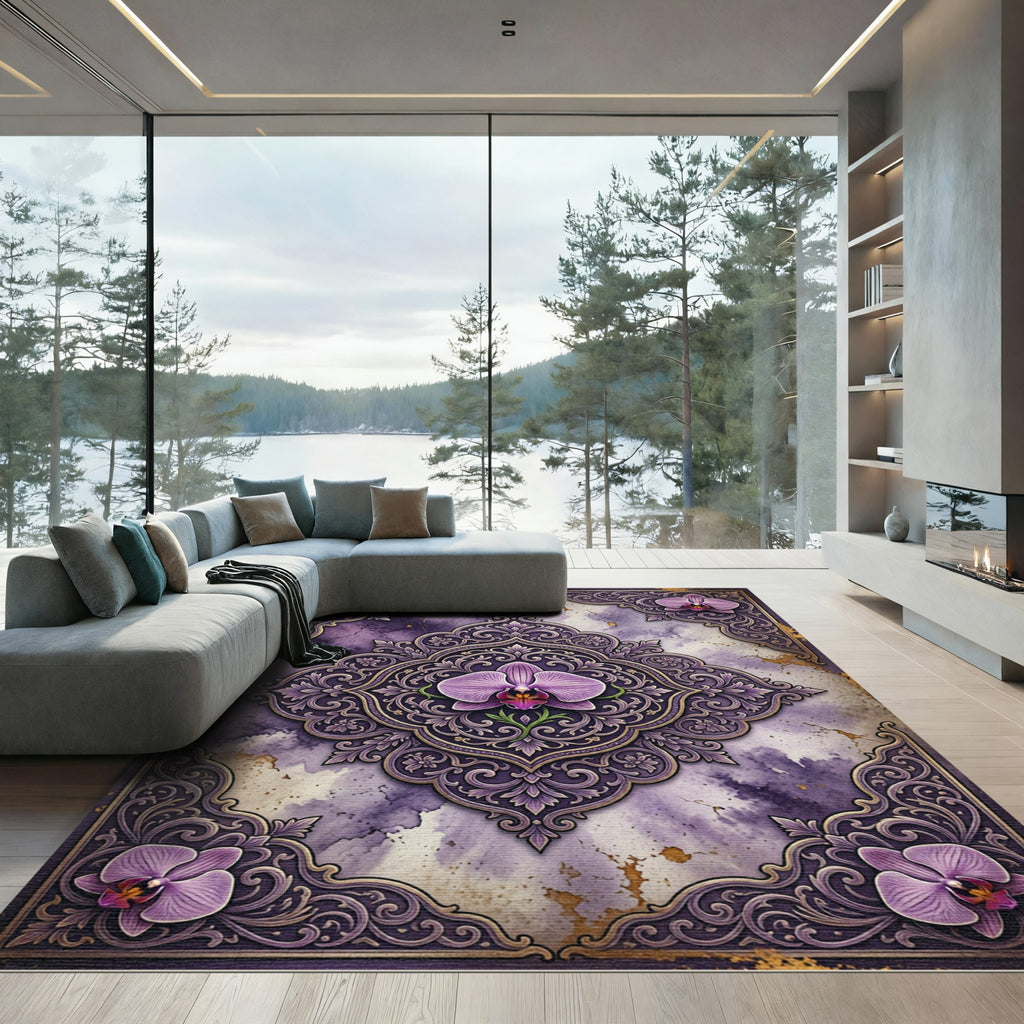 Orchid Medallion Purple Floral Border Rug
