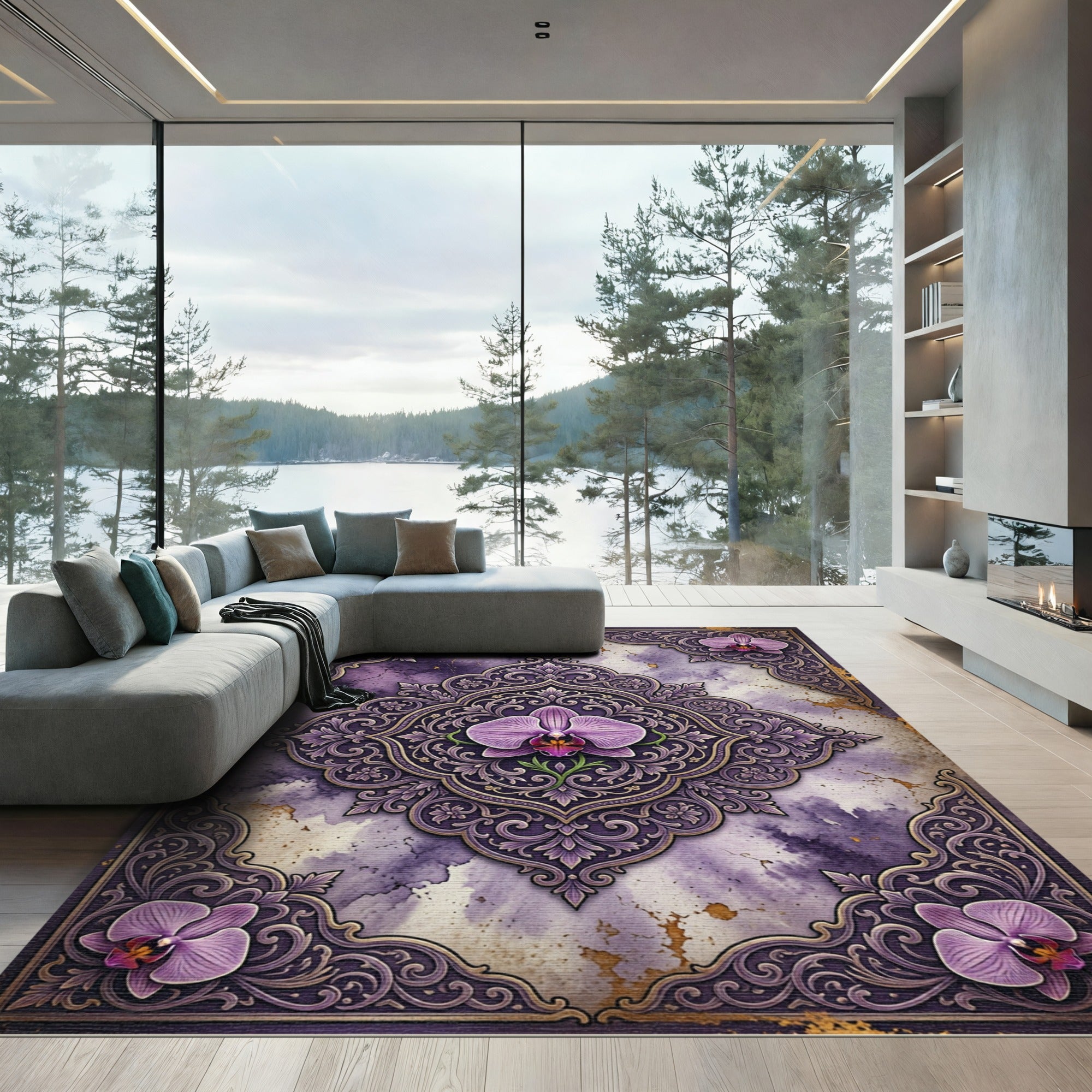 Orchid Medallion Purple Floral Border Rug