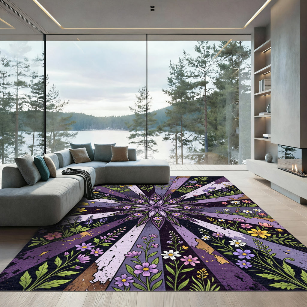 Radiant Purple Floral Mandala Sunburst Rug