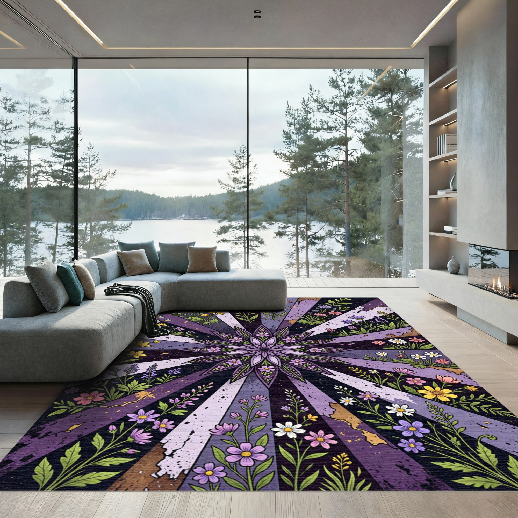 Radiant Purple Floral Mandala Sunburst Rug