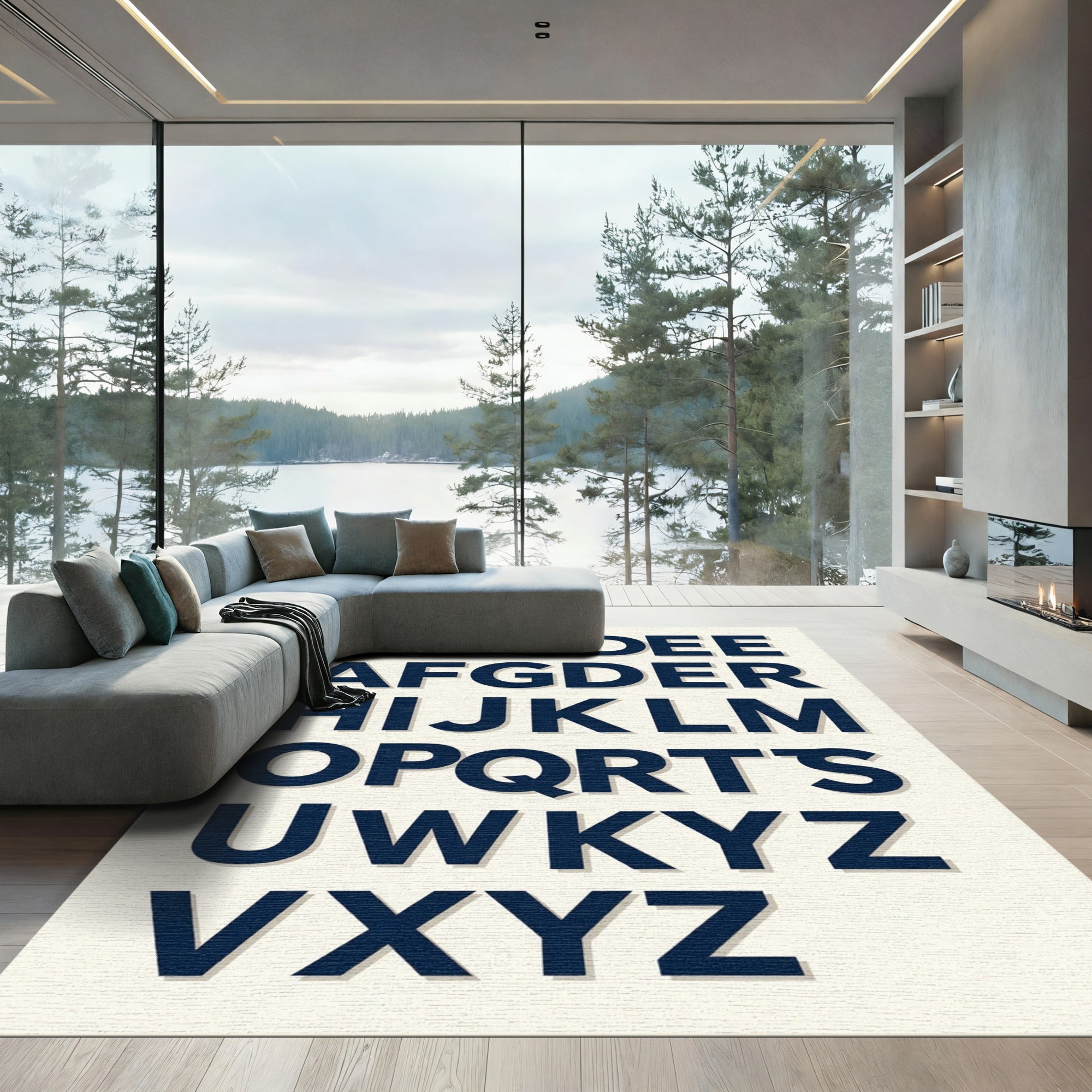 Bold Navy Typography Alphabet Wall Art Rug