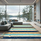 Distressed Navy Beige and Turquoise Striped Rug