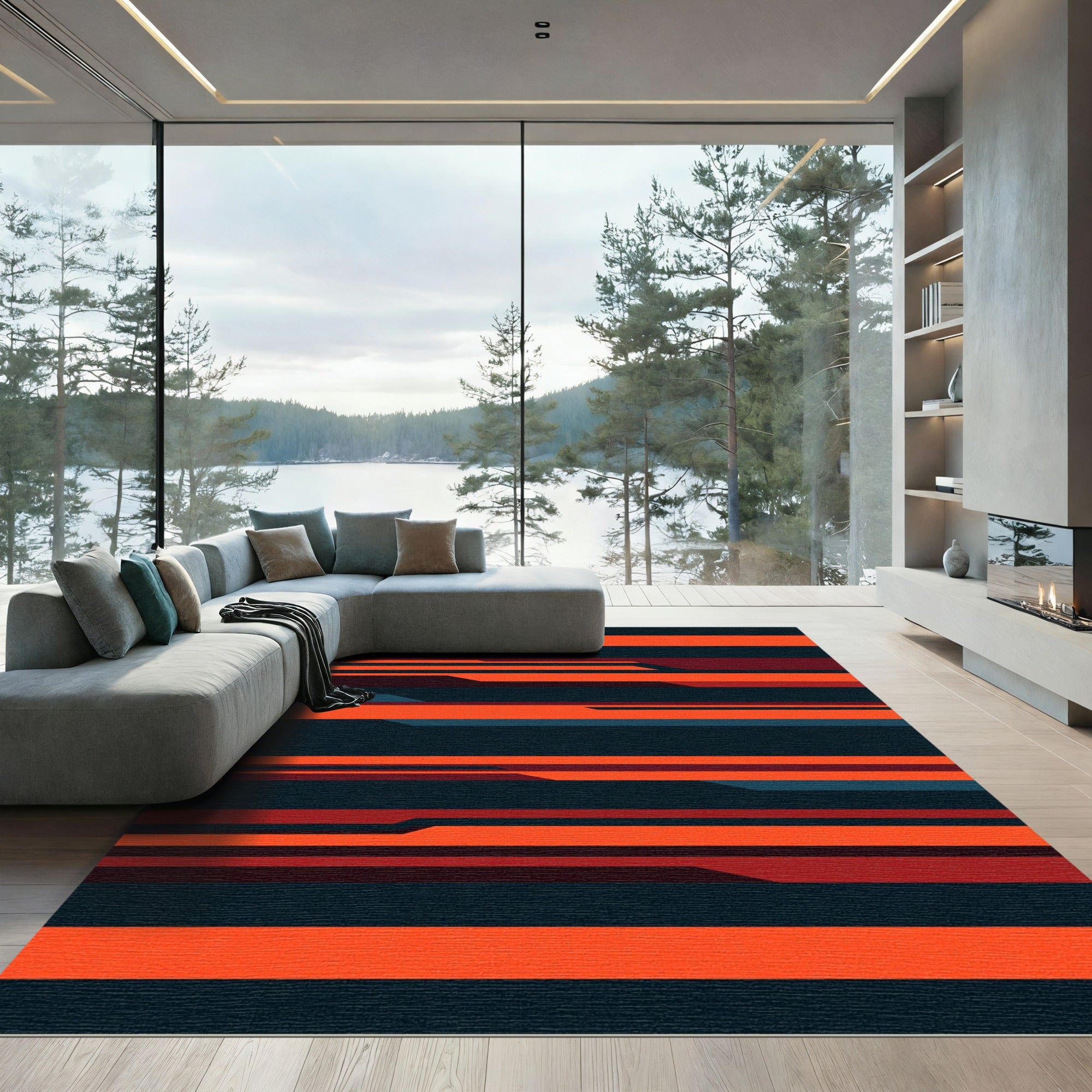 Modern Burnt Orange Abstract Linear Rug
