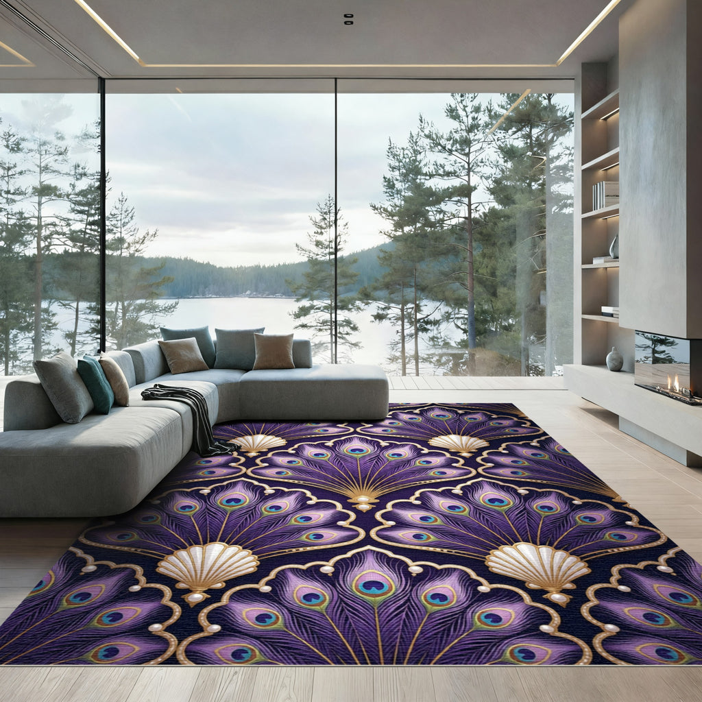 Rich Purple Peacock Feather Scallop Rug