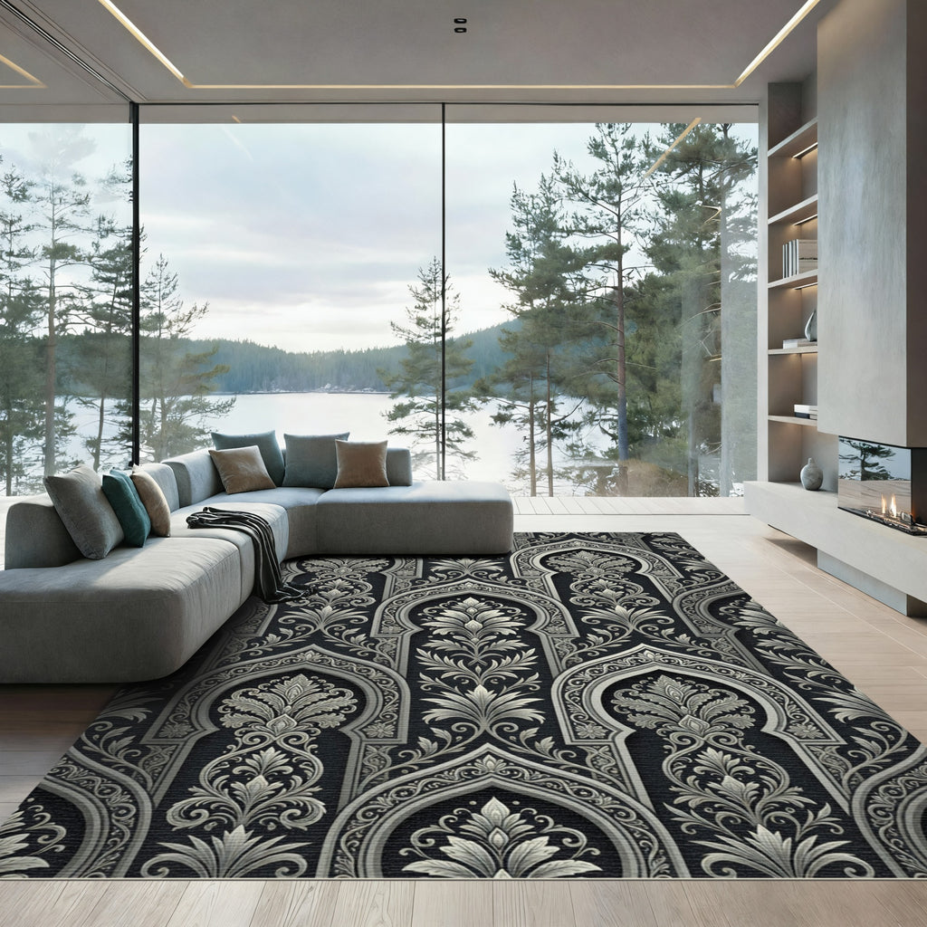 Intricate Silver Arch Floral Damask Rug