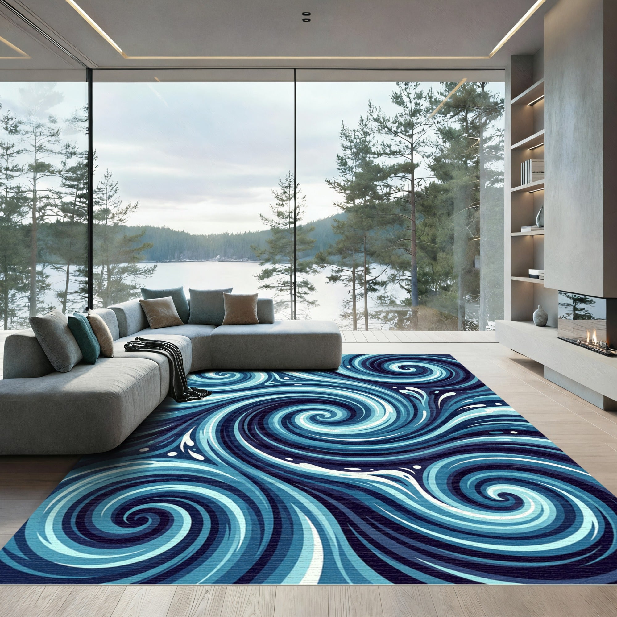 Deep Blue Swirling Water Current Rug