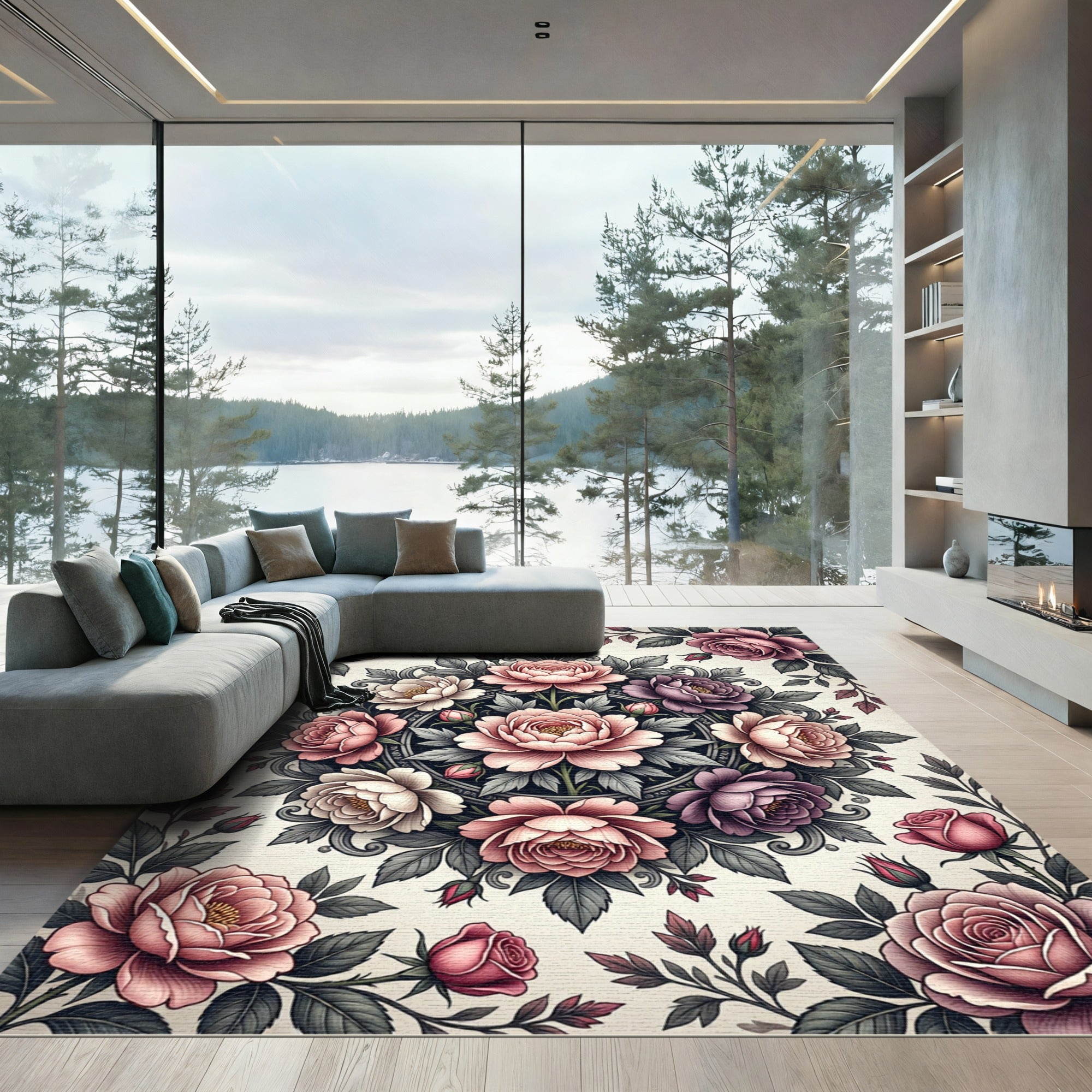 Elegant Floral Medallion Pink Rose Bouquet Rug