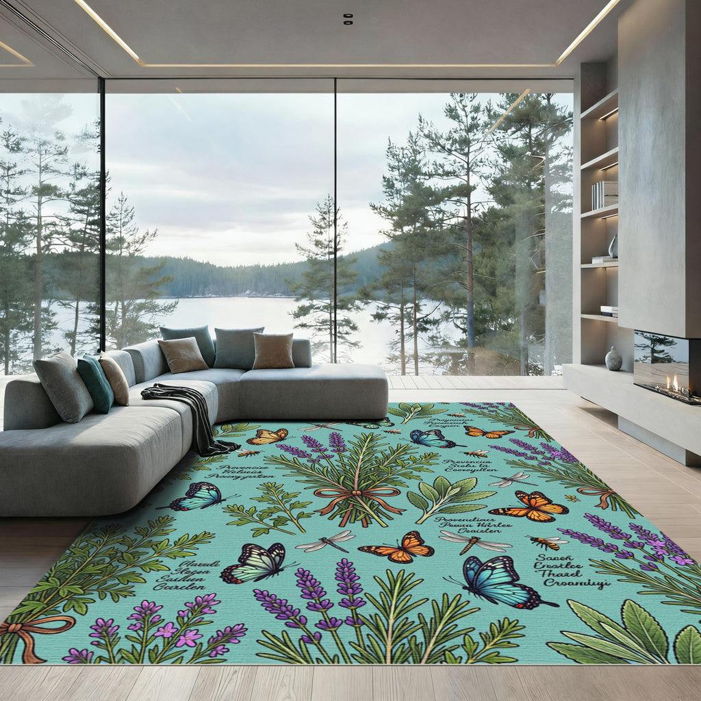 Blue Butterflies Lavender Garden Scene Rug