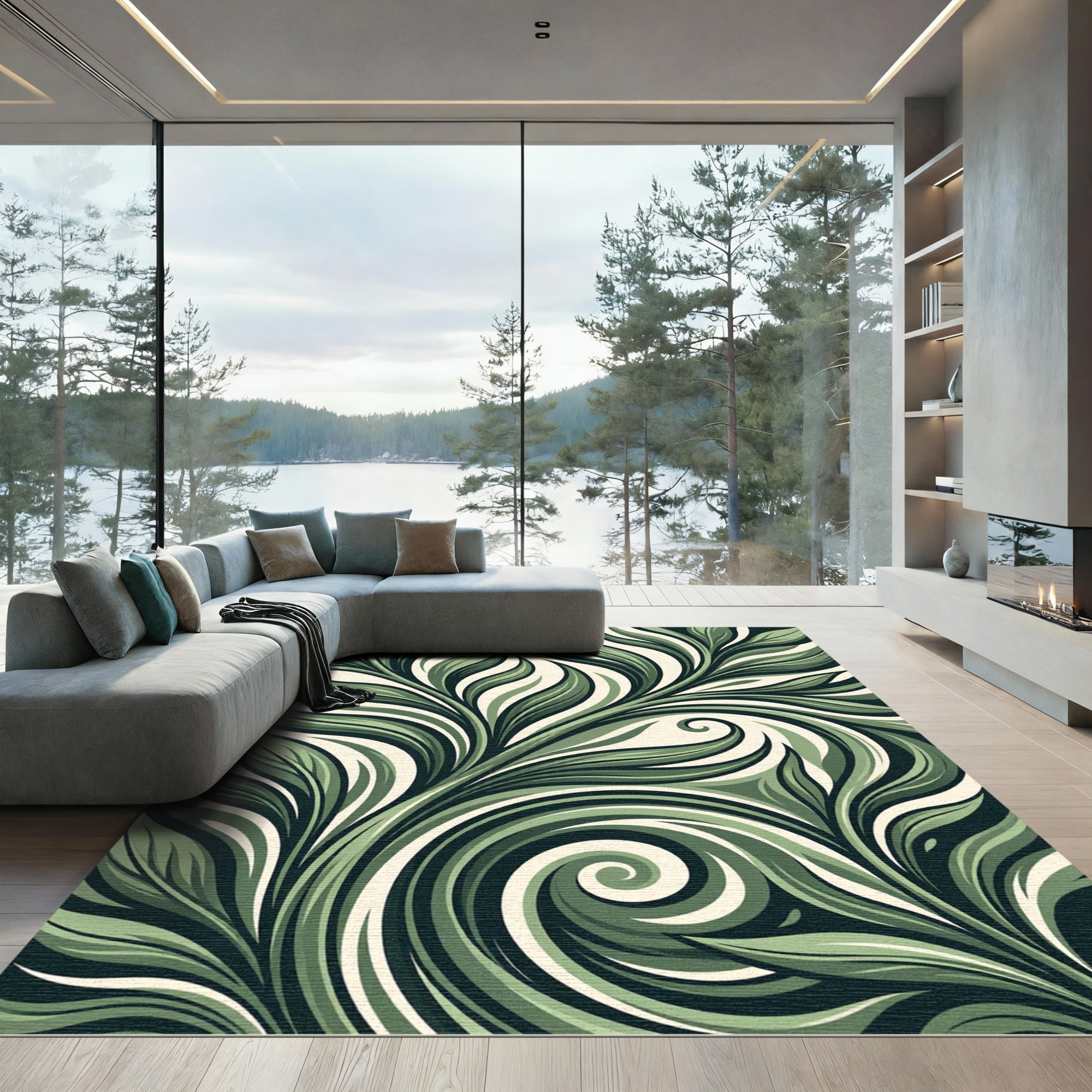 Earthy Sage Botanical Swirl Leaf Rug