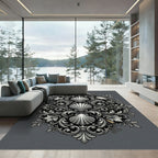 Elegant Silver Scalloped Shell Damask Rug