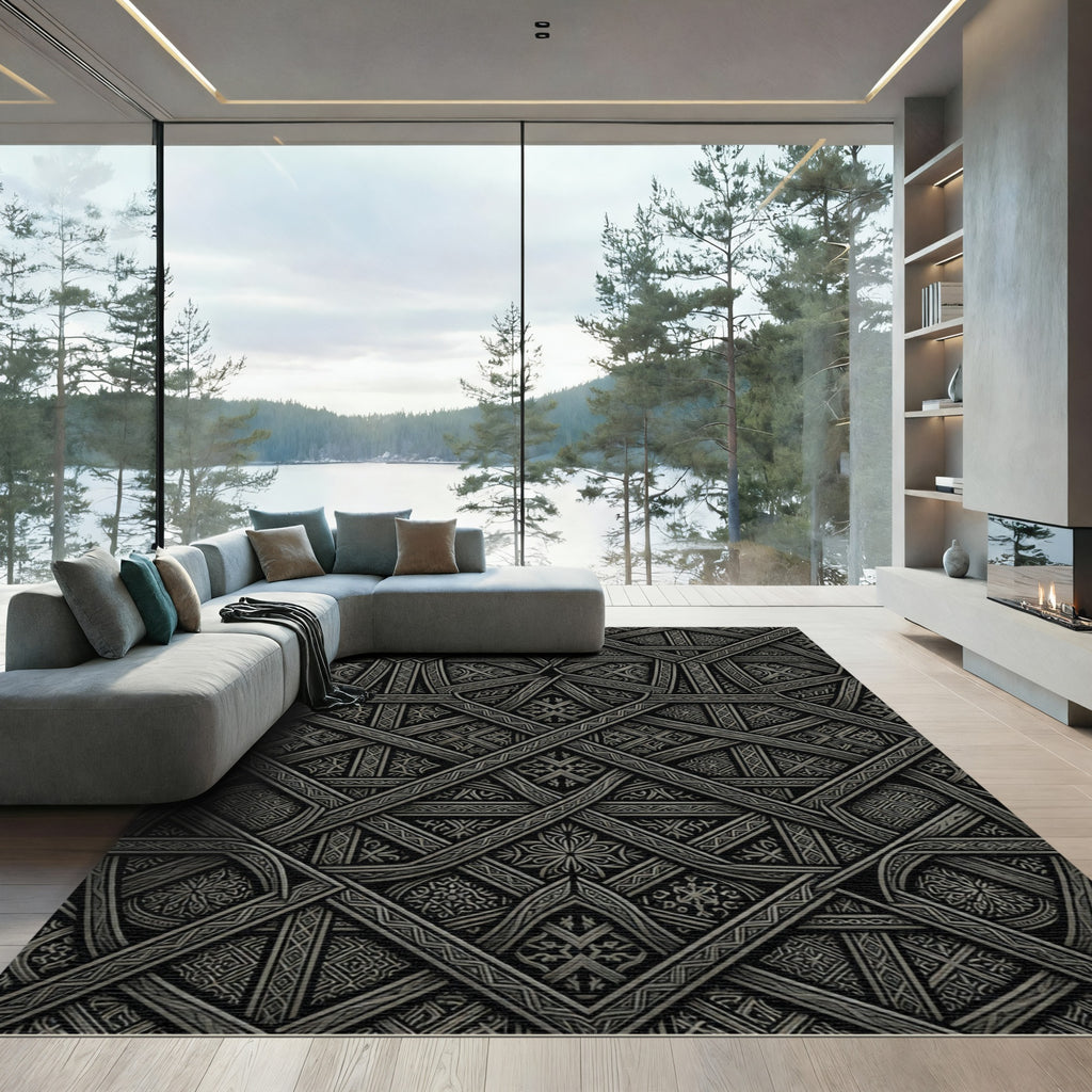 Intricate Charcoal Geometric Interlocking Lattice Rug
