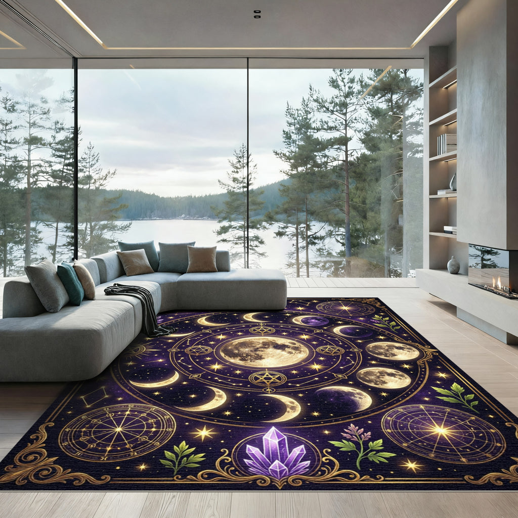 Celestial Lunar Phase Golden Galaxy Area Rug