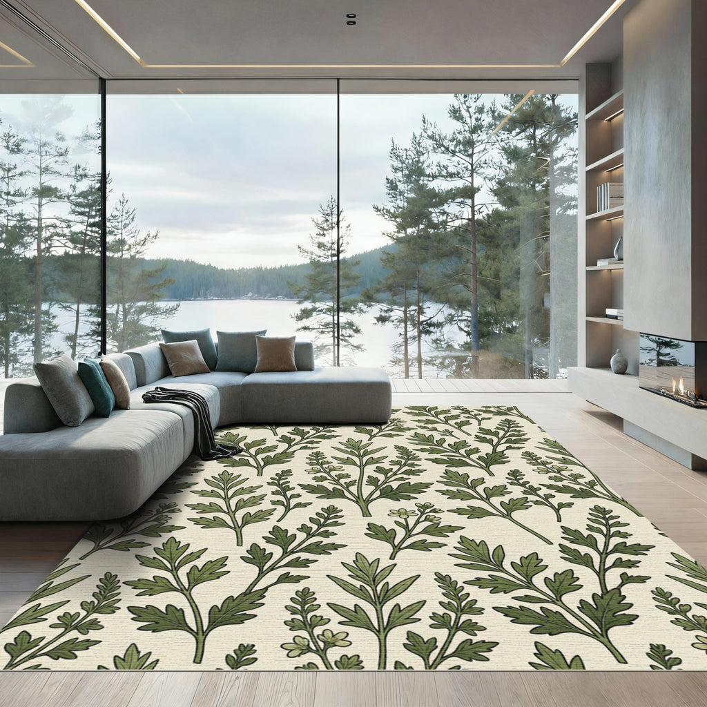 Sage Green Botanical Fern Foliage Rug