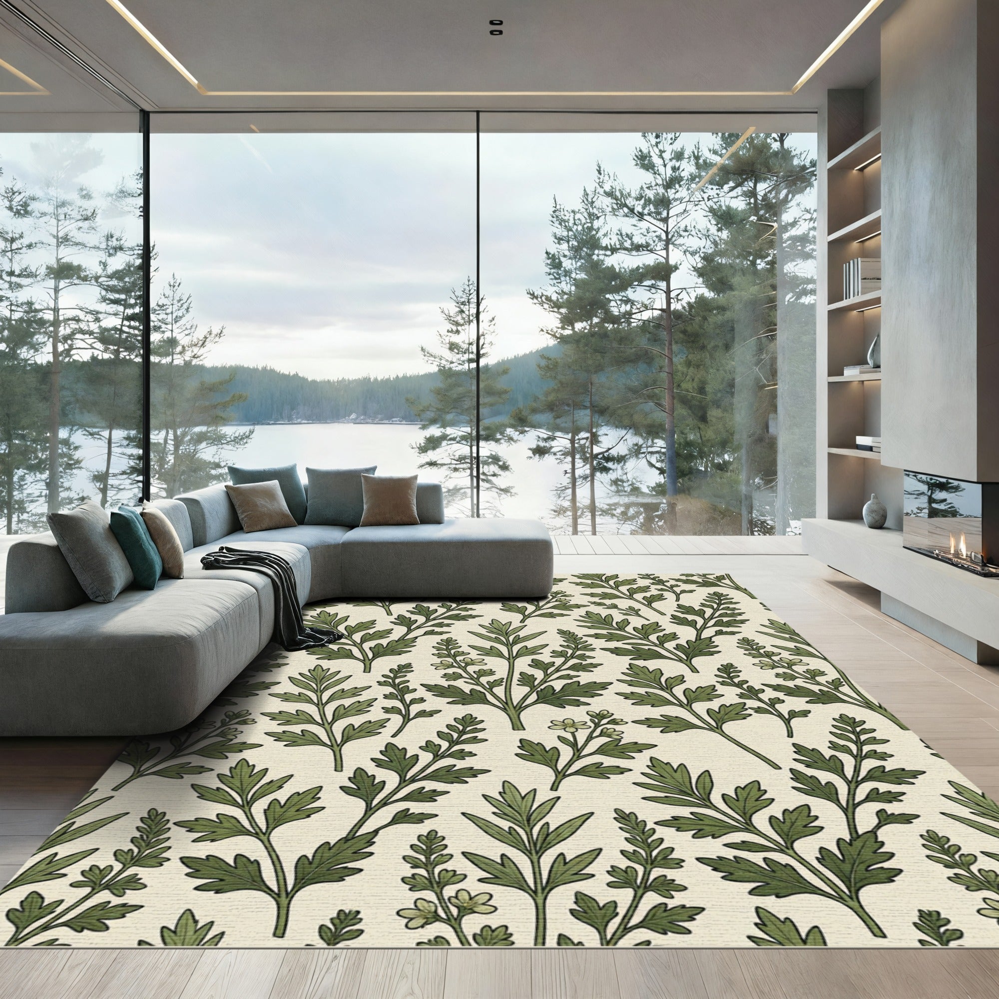 Sage Green Botanical Fern Foliage Rug
