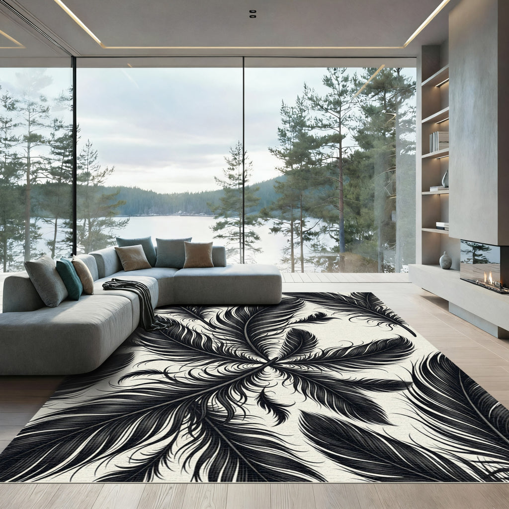 Elegant Black Feather Garden Arrangement Rug