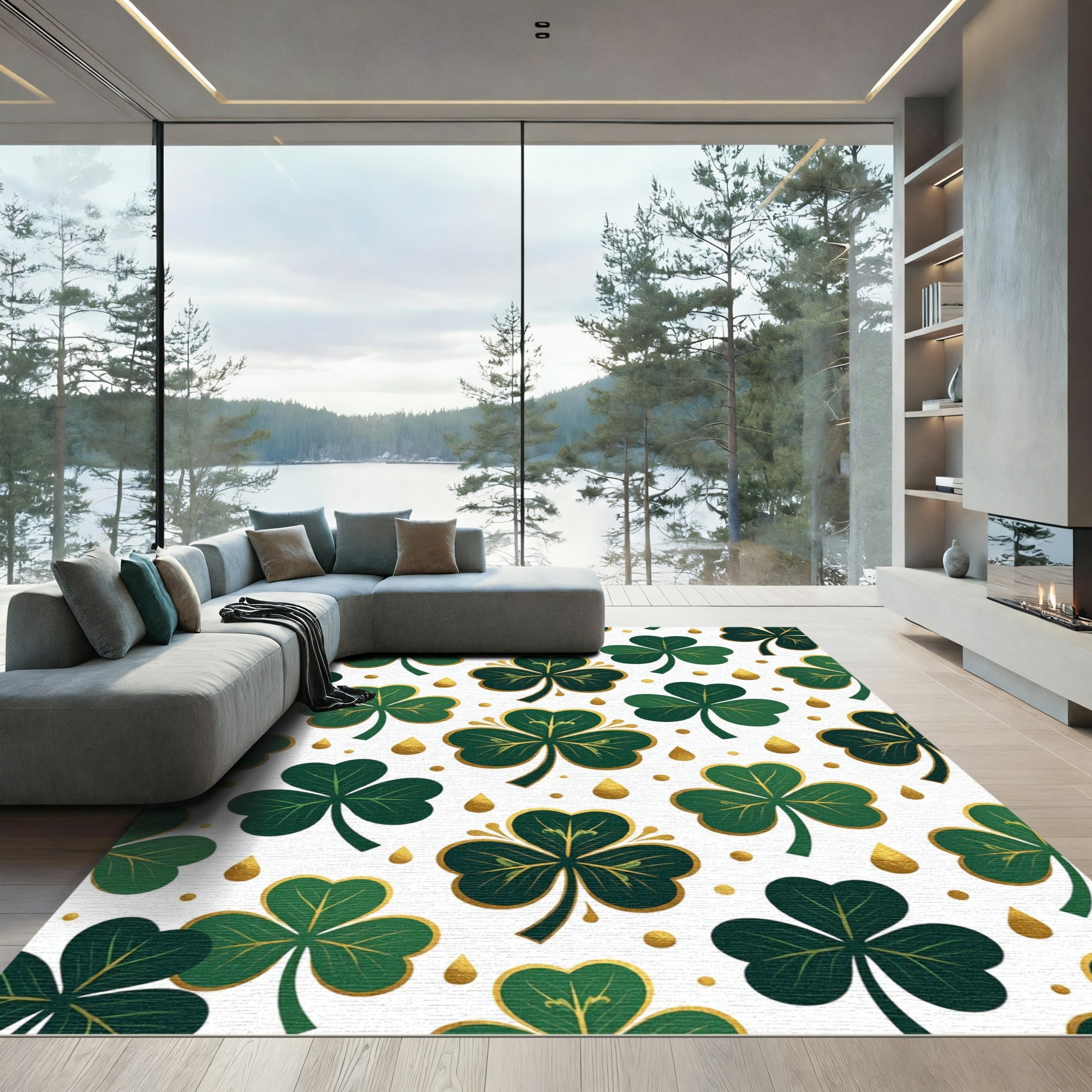 Golden Shamrock Clover Emerald Botanical Arrangement Rug
