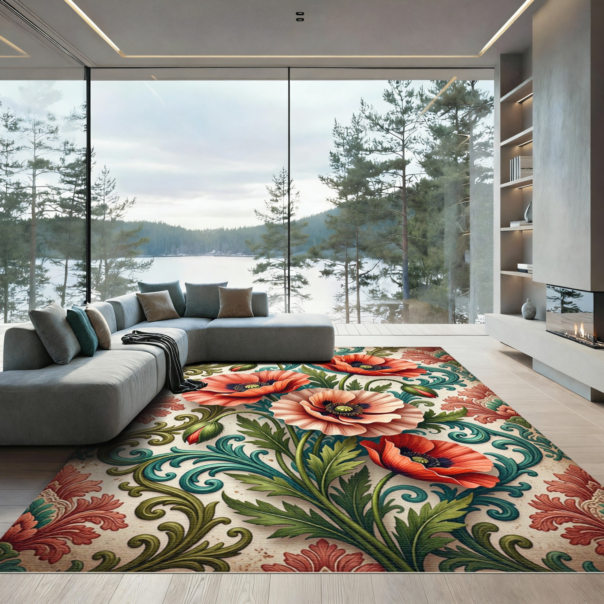Elegant Poppy Flower Scroll Damask Art Rug