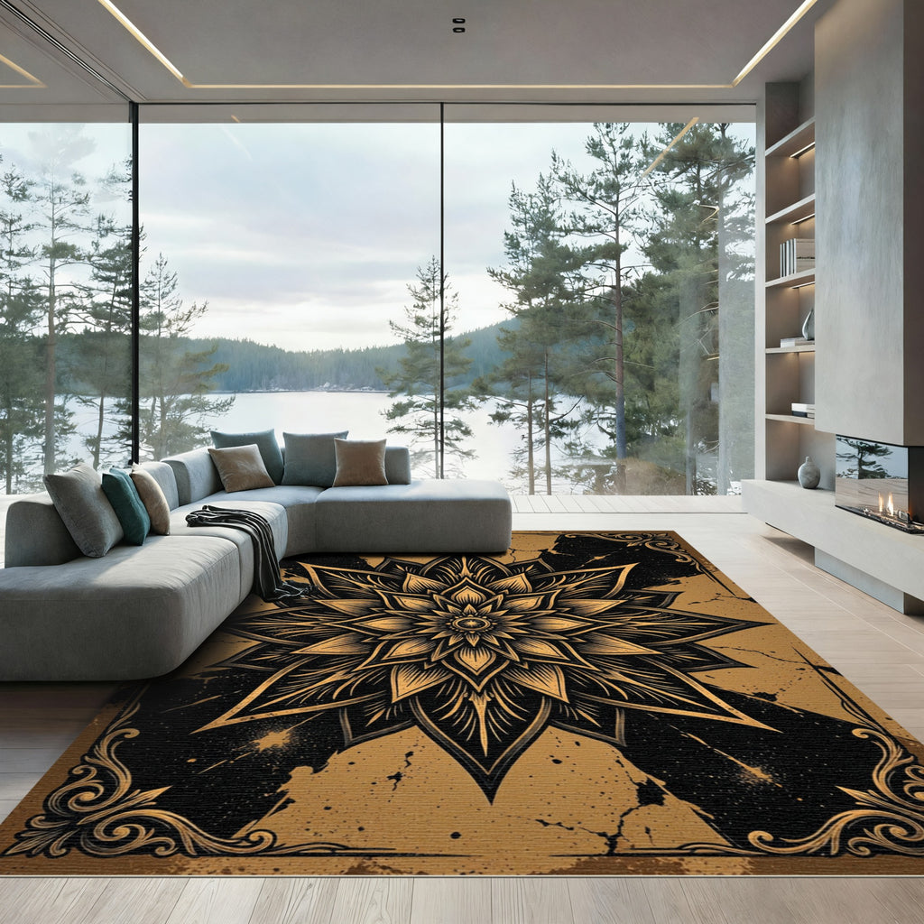Gothic Golden Lotus Mandala Art Rug