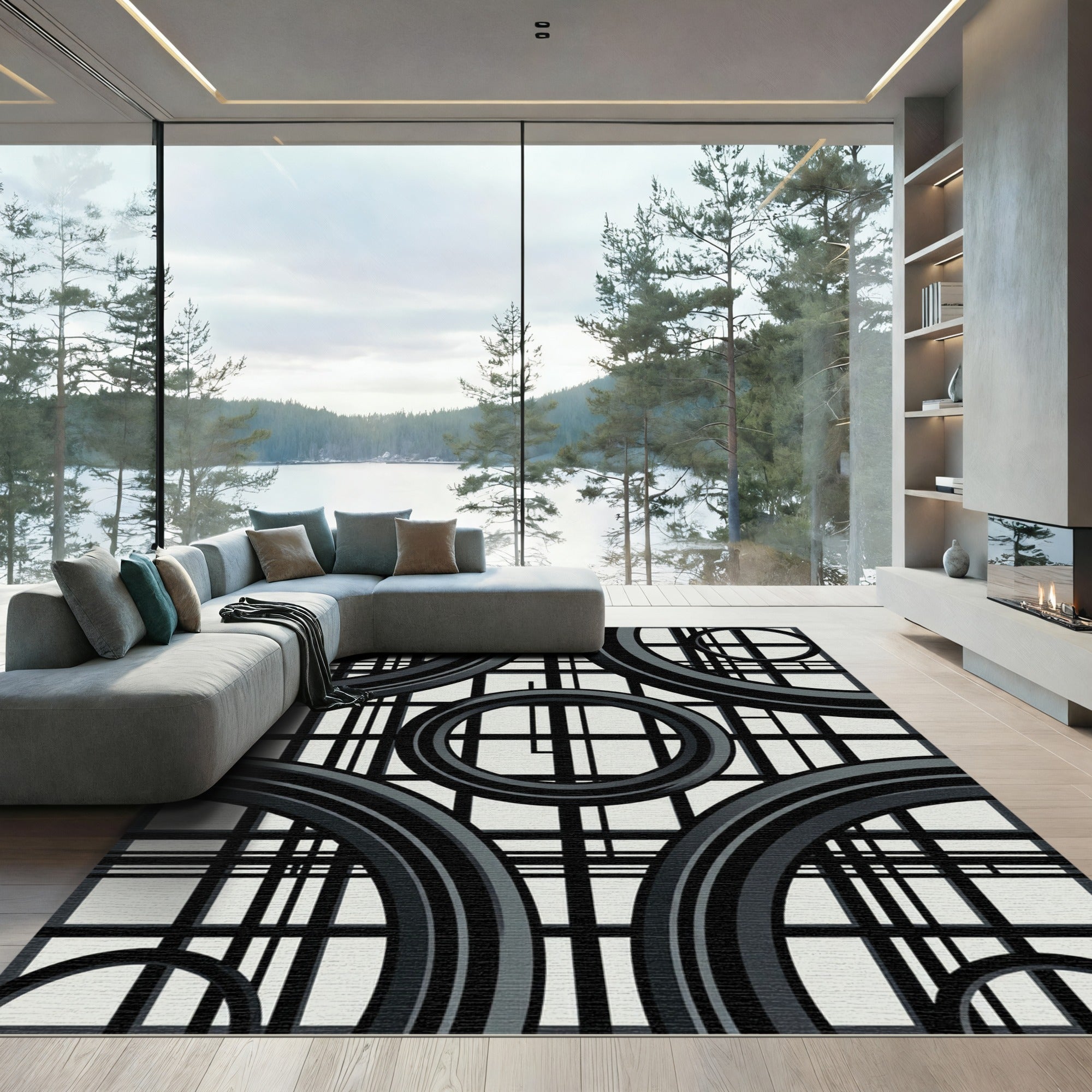 Bold Black Ring Grid Composition Rug