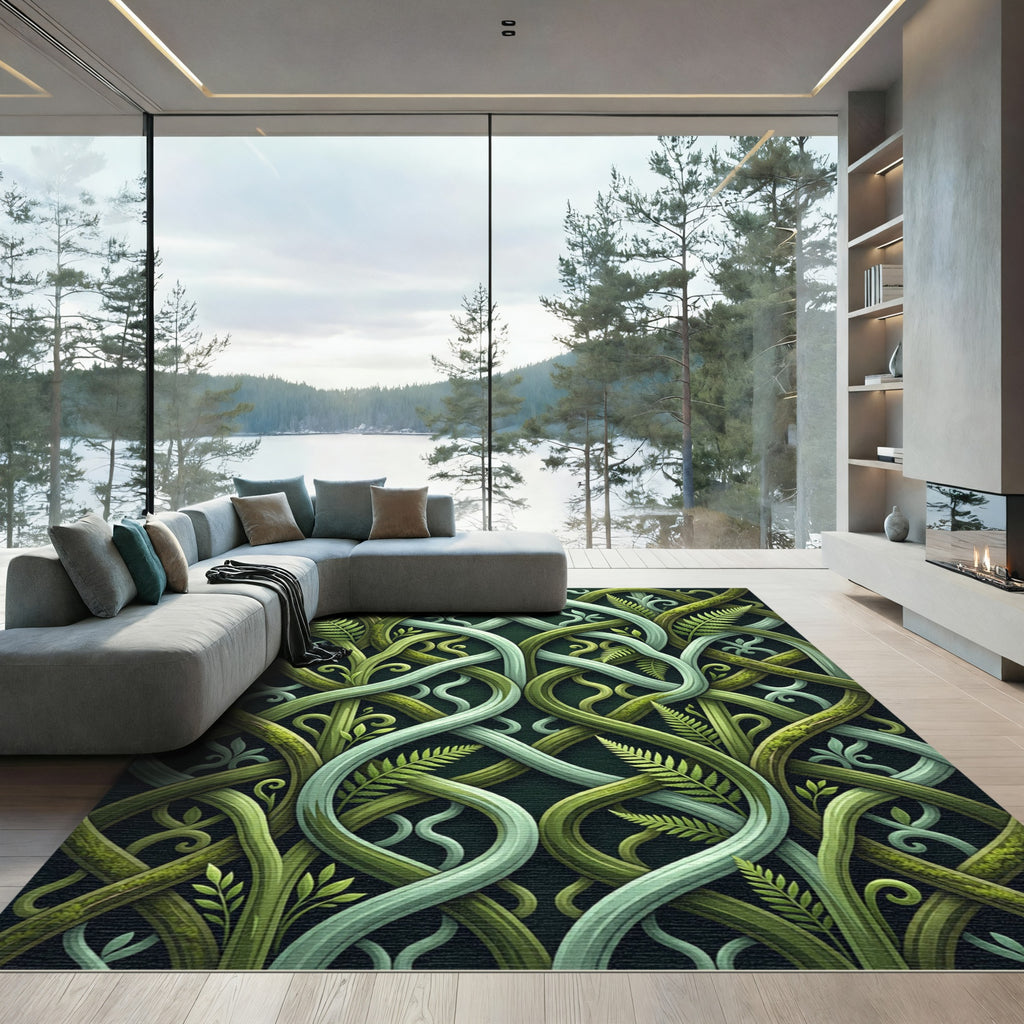 Lush Green Entwined Fern Forest Scroll Rug