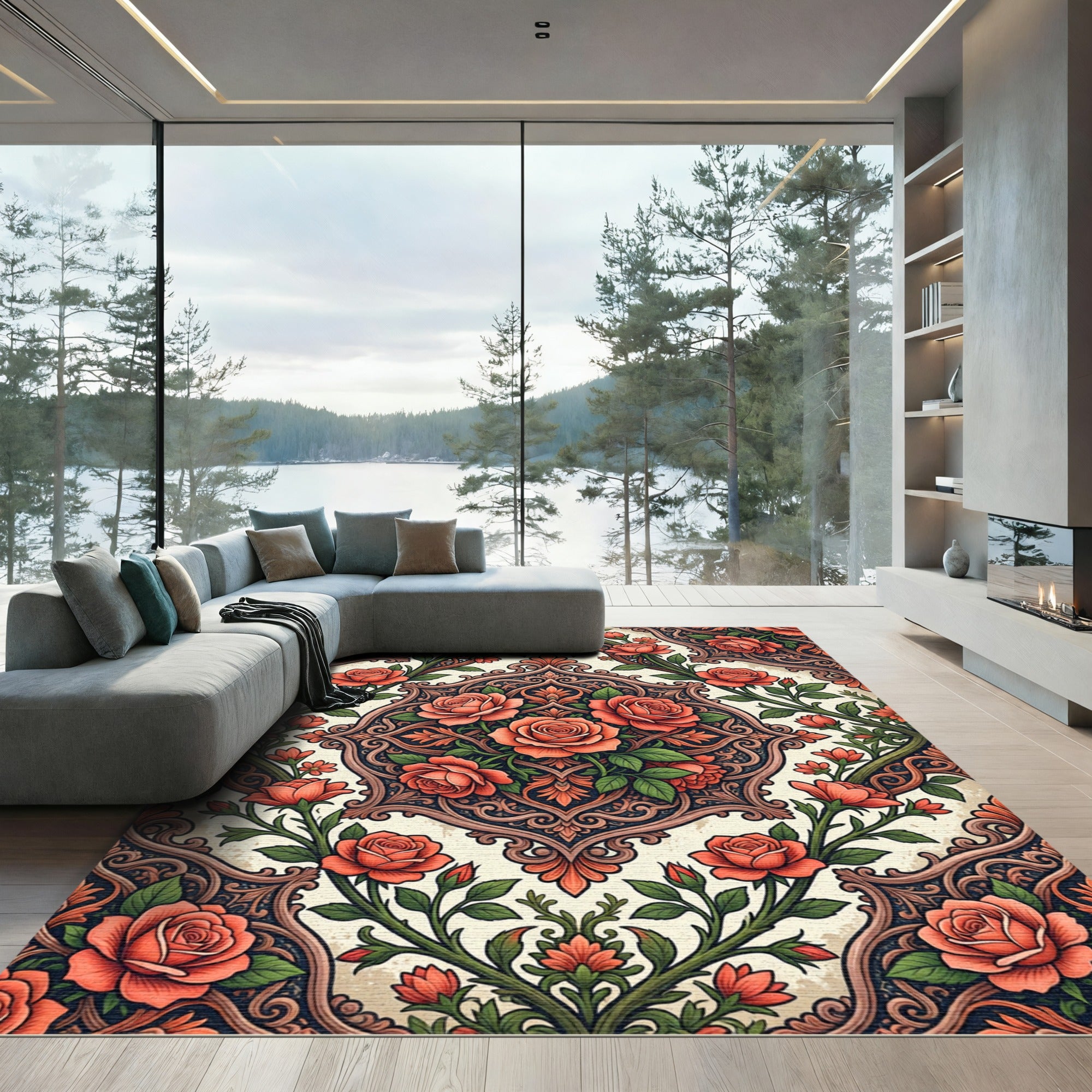 Ornate Damask Coral Rose Medallion Rug