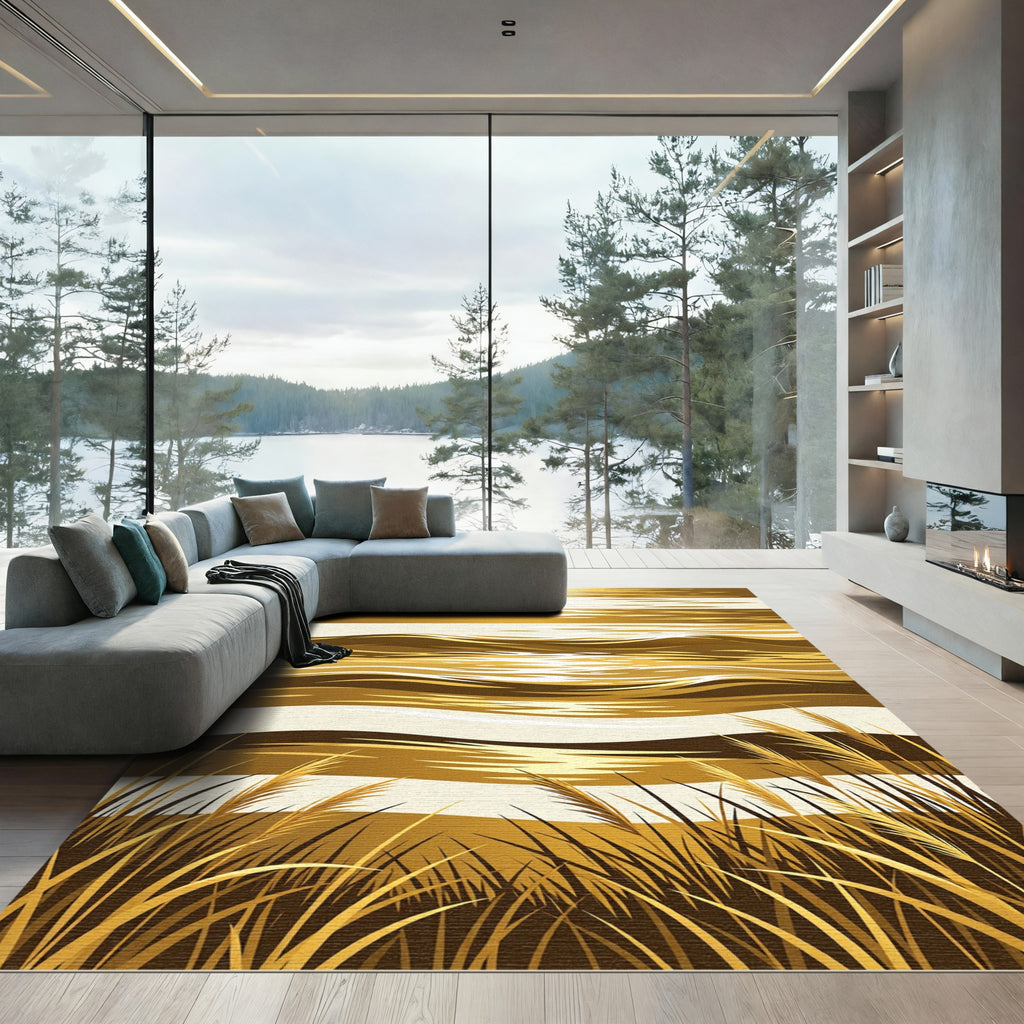 Golden Coastal Grass Sunset Wave Artwork Rug