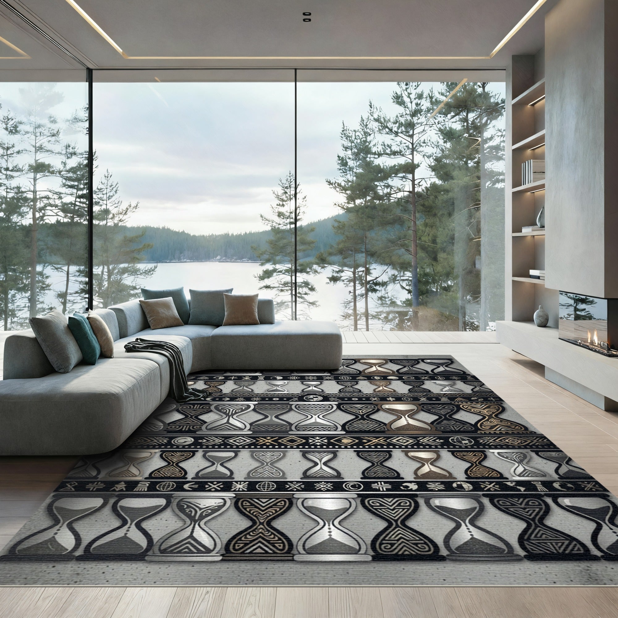 Ornate Hourglass Pattern Black Gold Rug