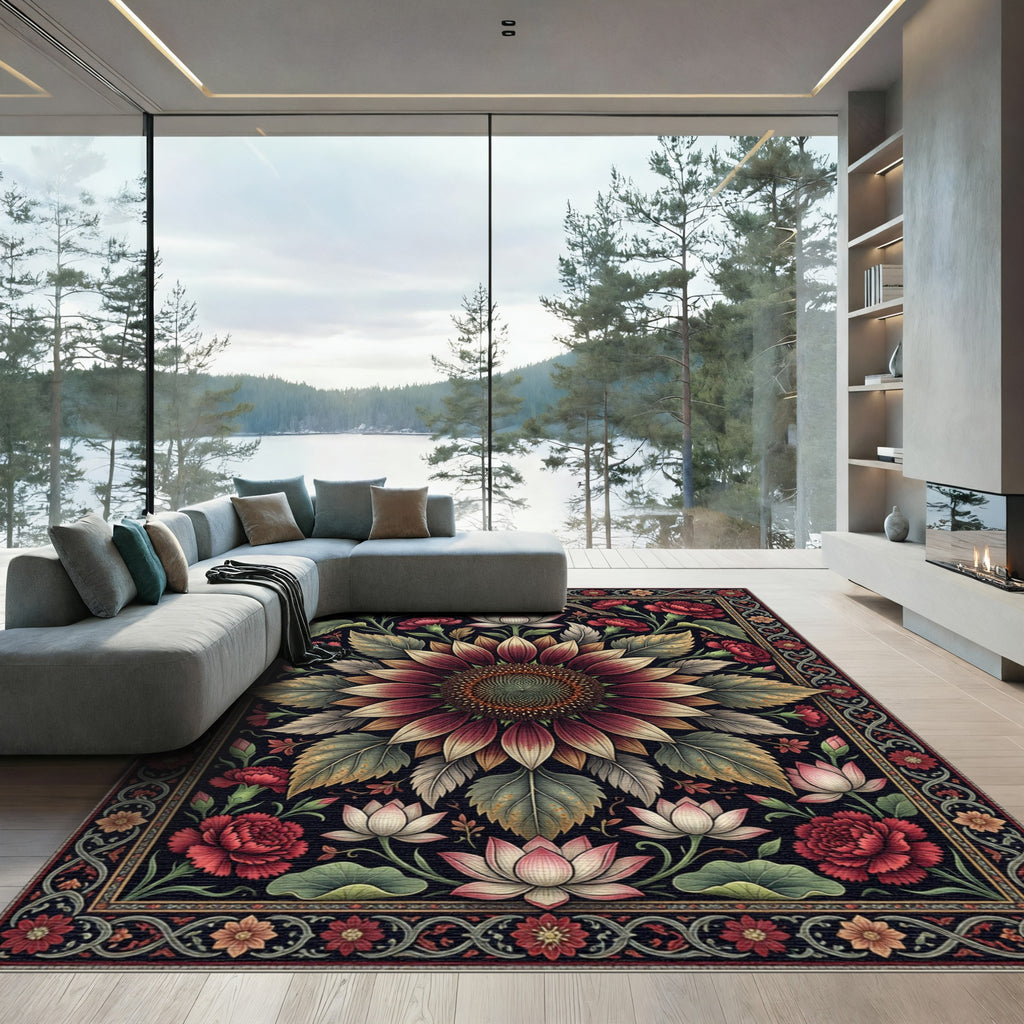 Deep Burgundy Sunflower Lotus Floral Tapestry Rug