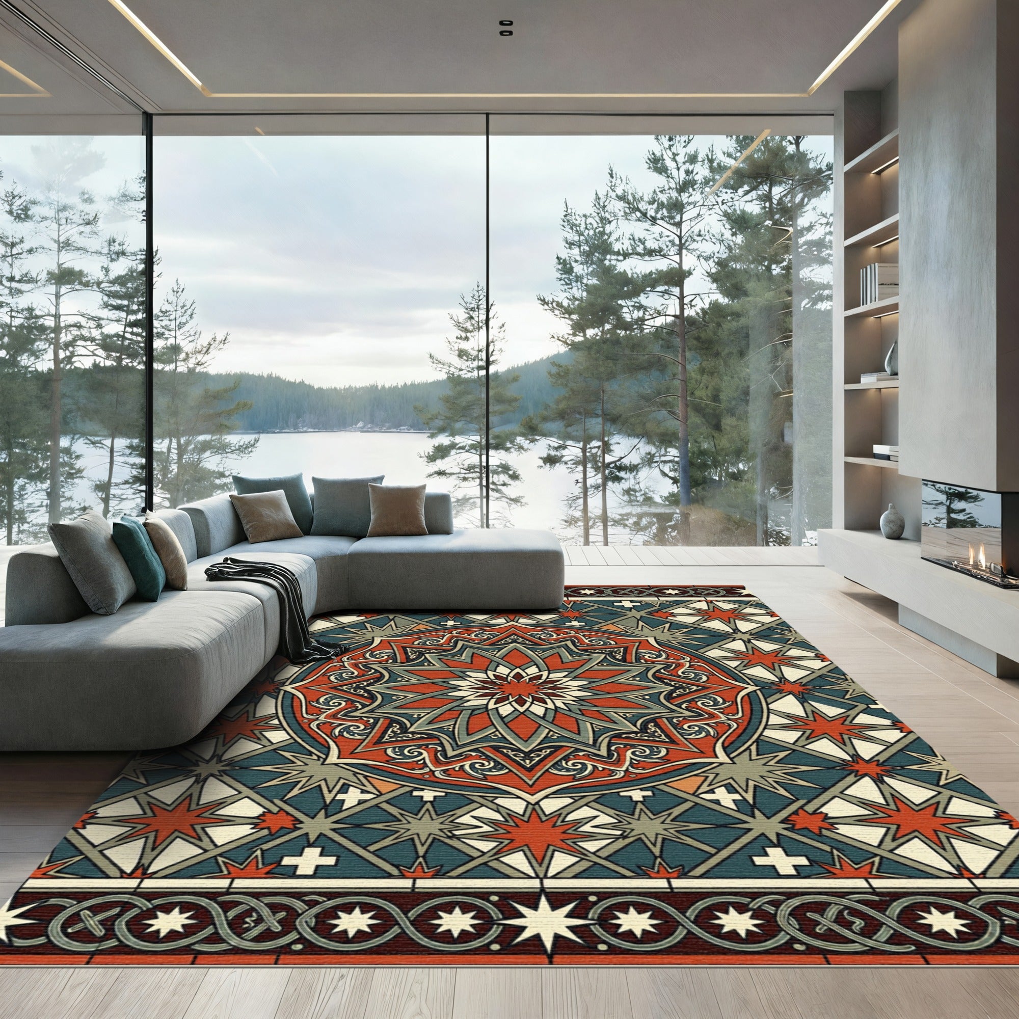 Art Deco Crimson Star Geometric Medallion Rug