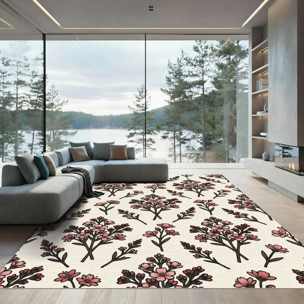 Delicate Pink Floral Botanical Meadow Rug
