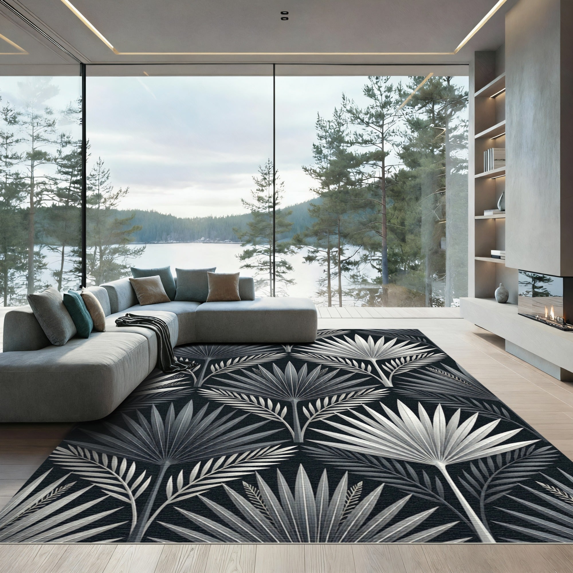 Silver Palm Frond Botanical Art Rug