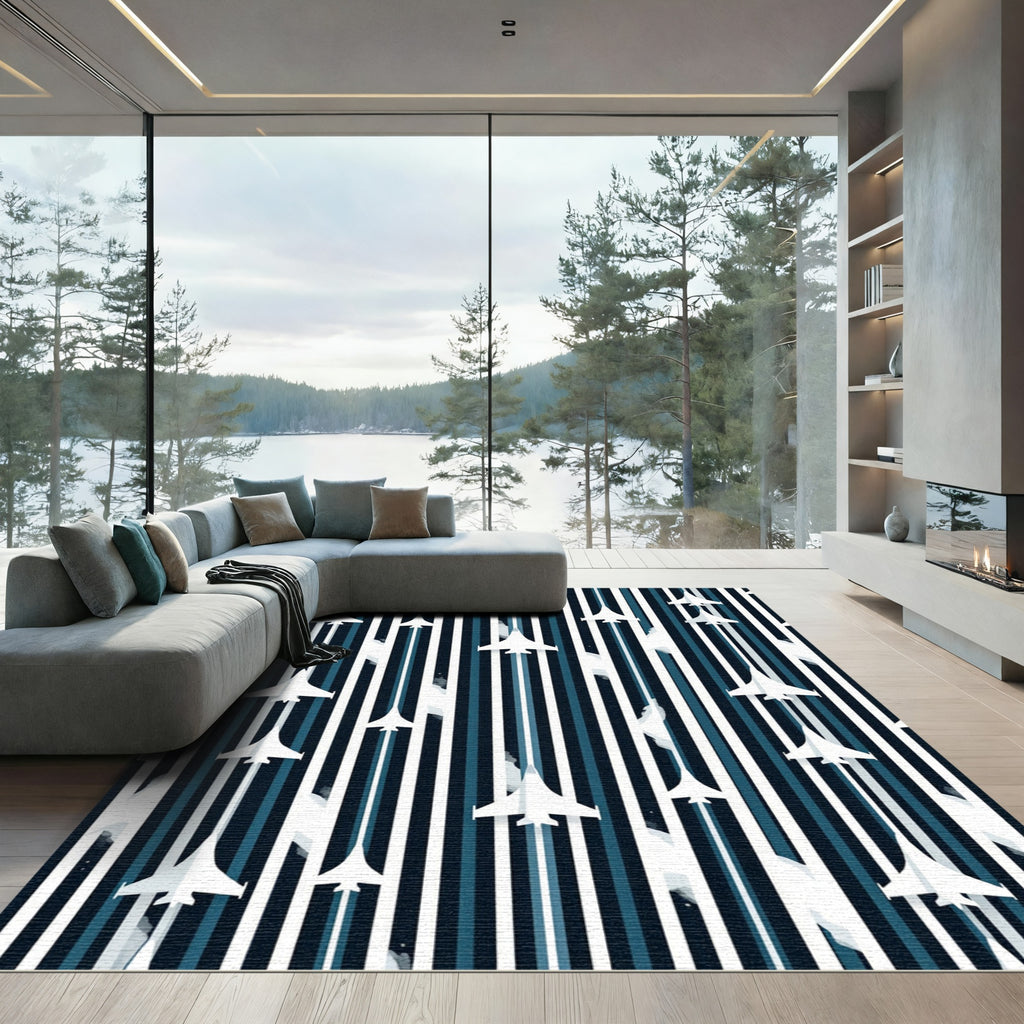 Minimalist Navy Stripe Aerial Fighter Jet Rug