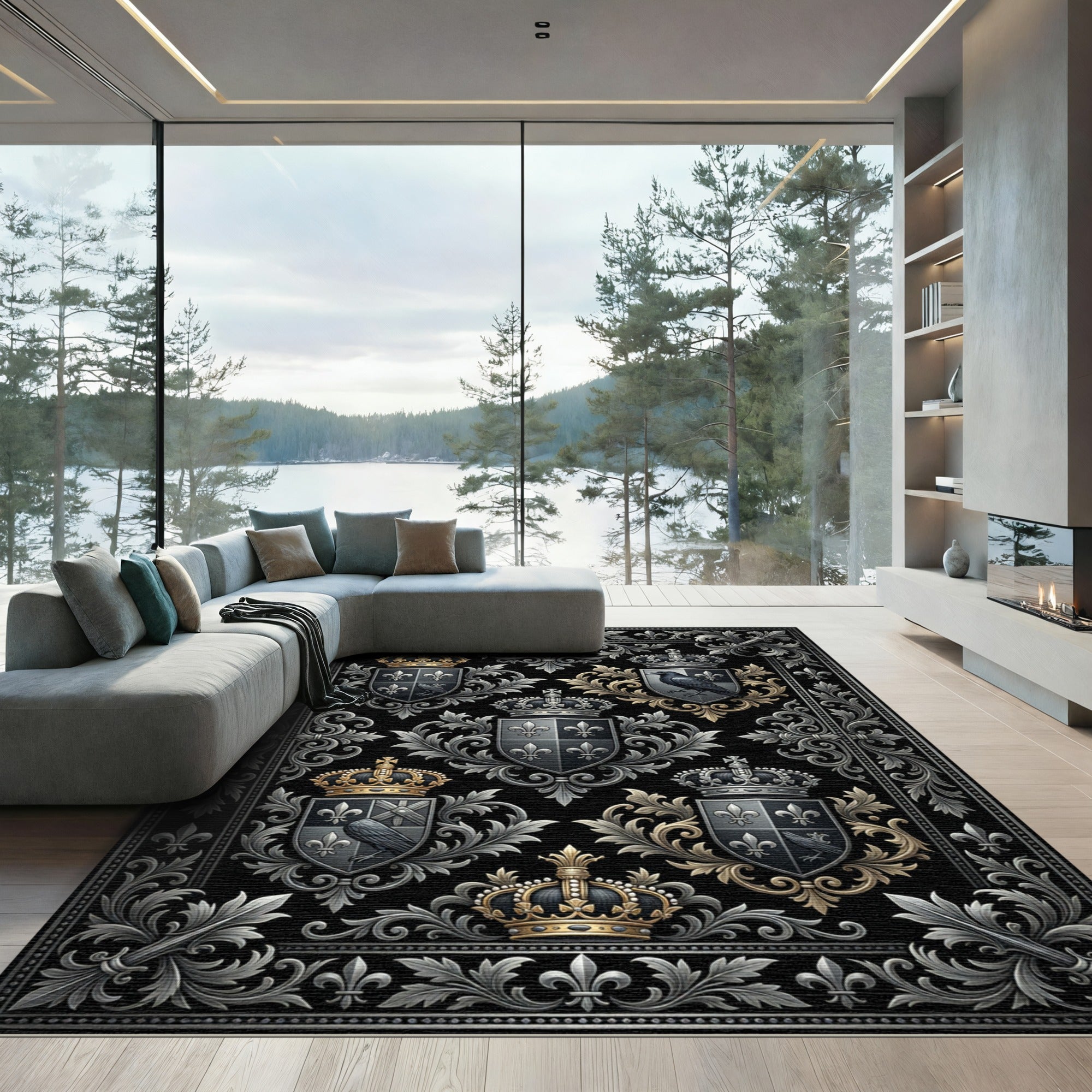 Regal Black Silver Gold Crest Collection Rug