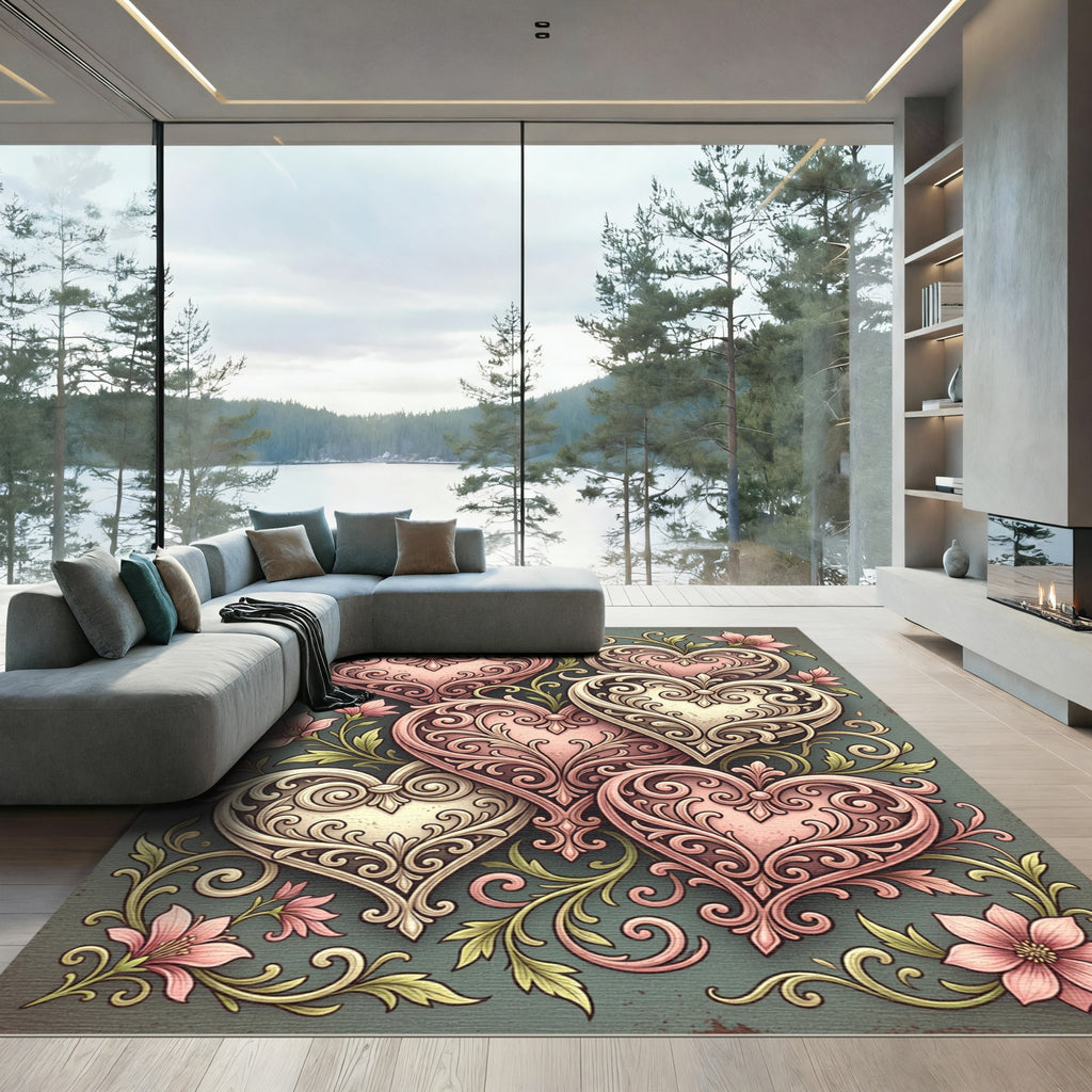 Ornate Pink Swirl Hearts Floral Rug