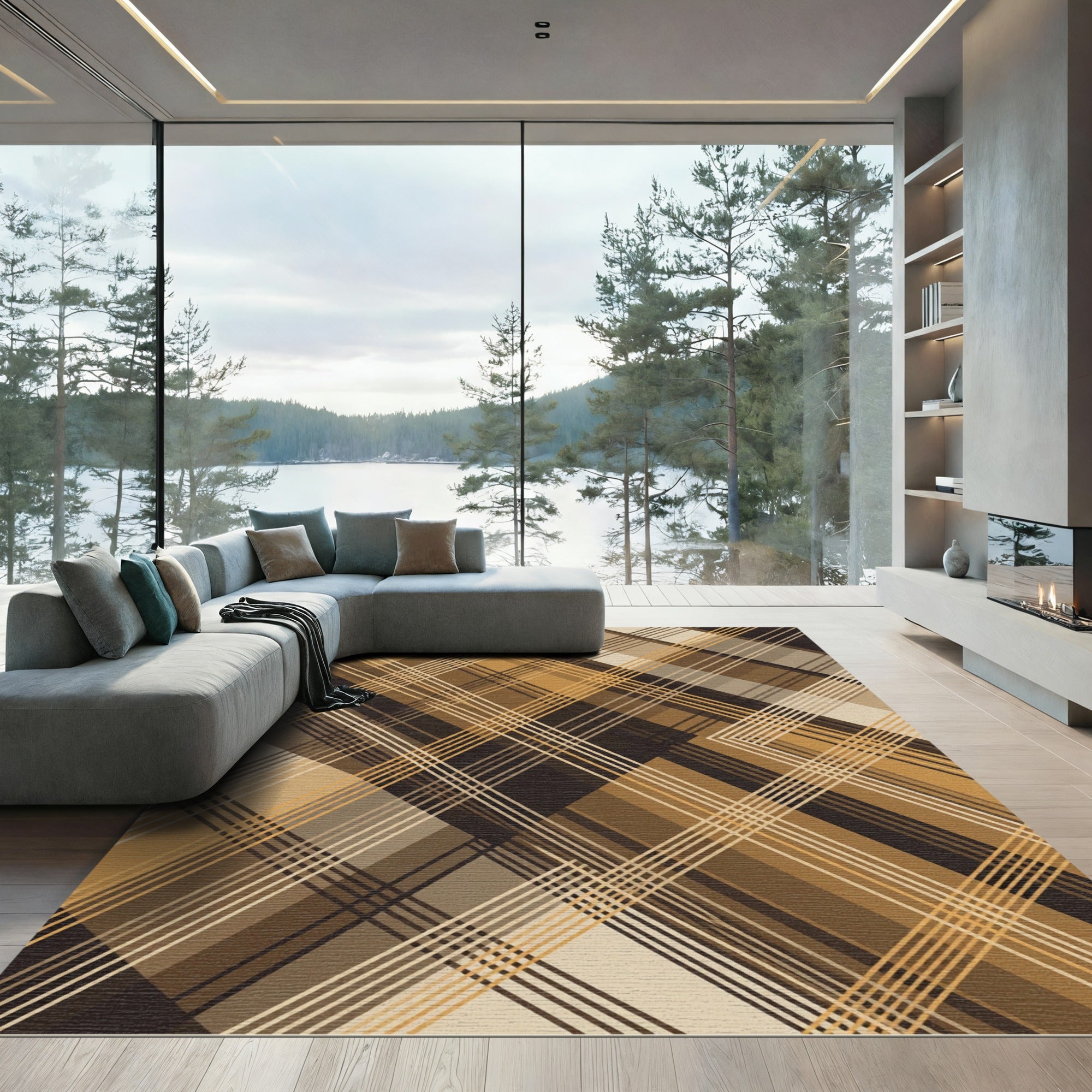 Contemporary Earth Tone Diagonal Plaid Rug