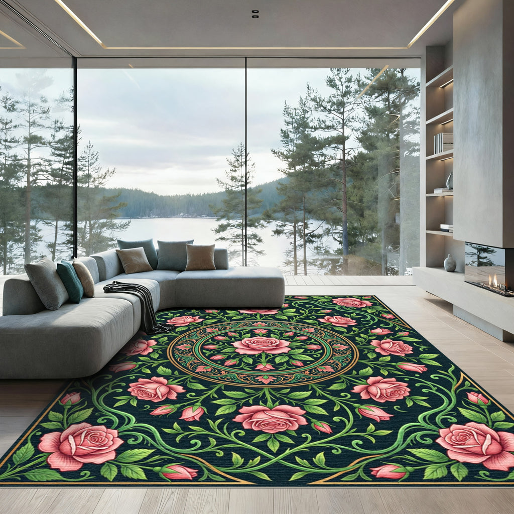 Elegant Pink Rose Medallion Floral Rug