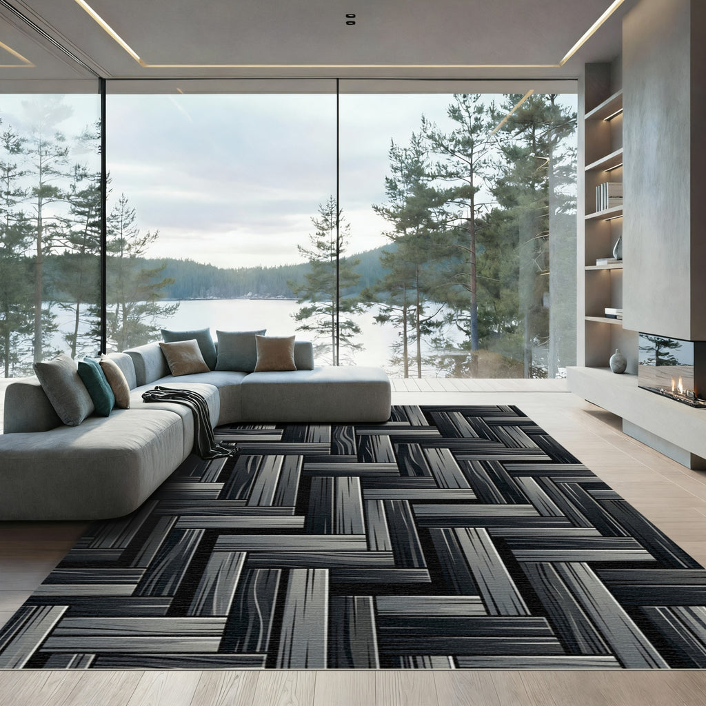 Modern Monochrome Charcoal Interlocking Plank Rug