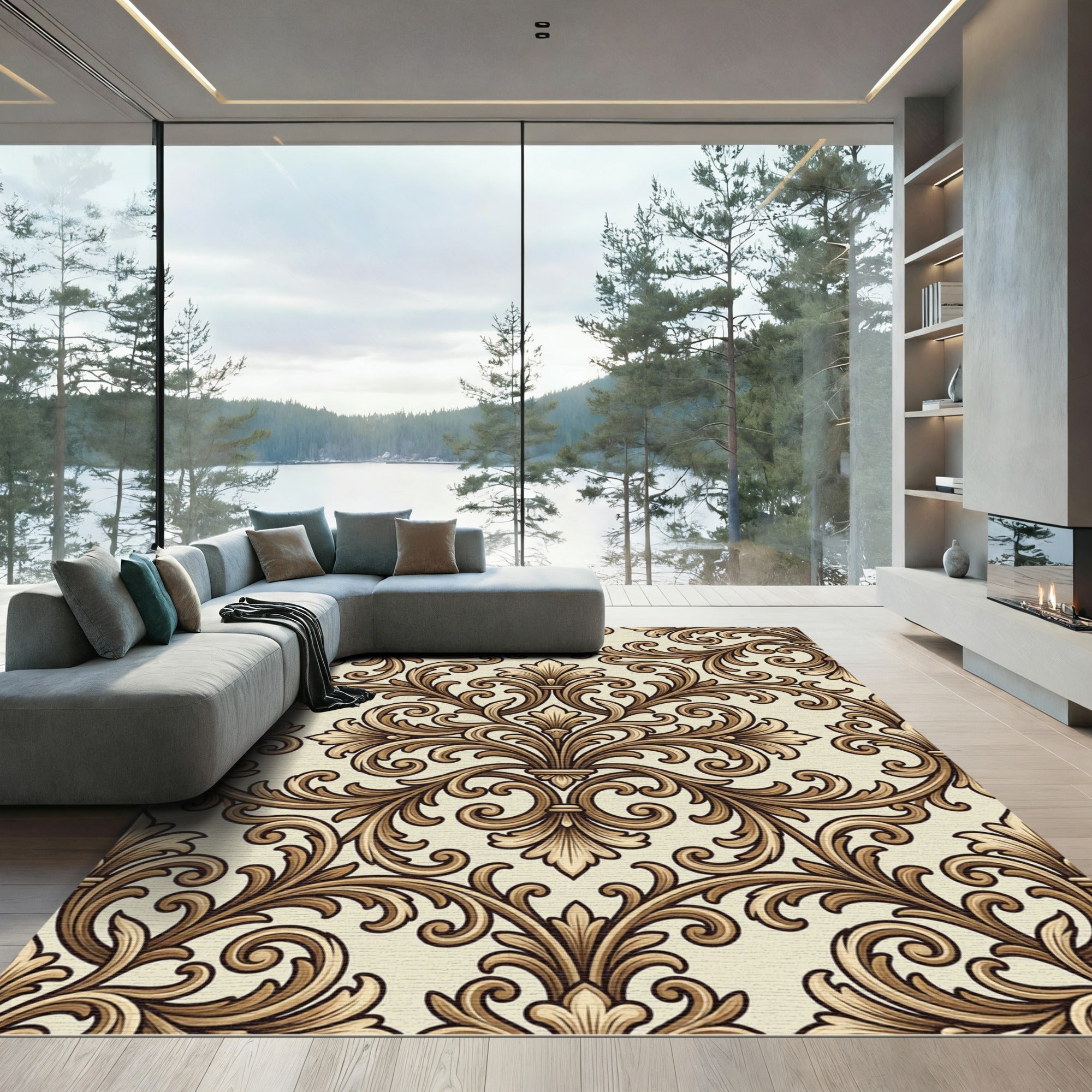 Antique Gold Scrollwork Damask Rug