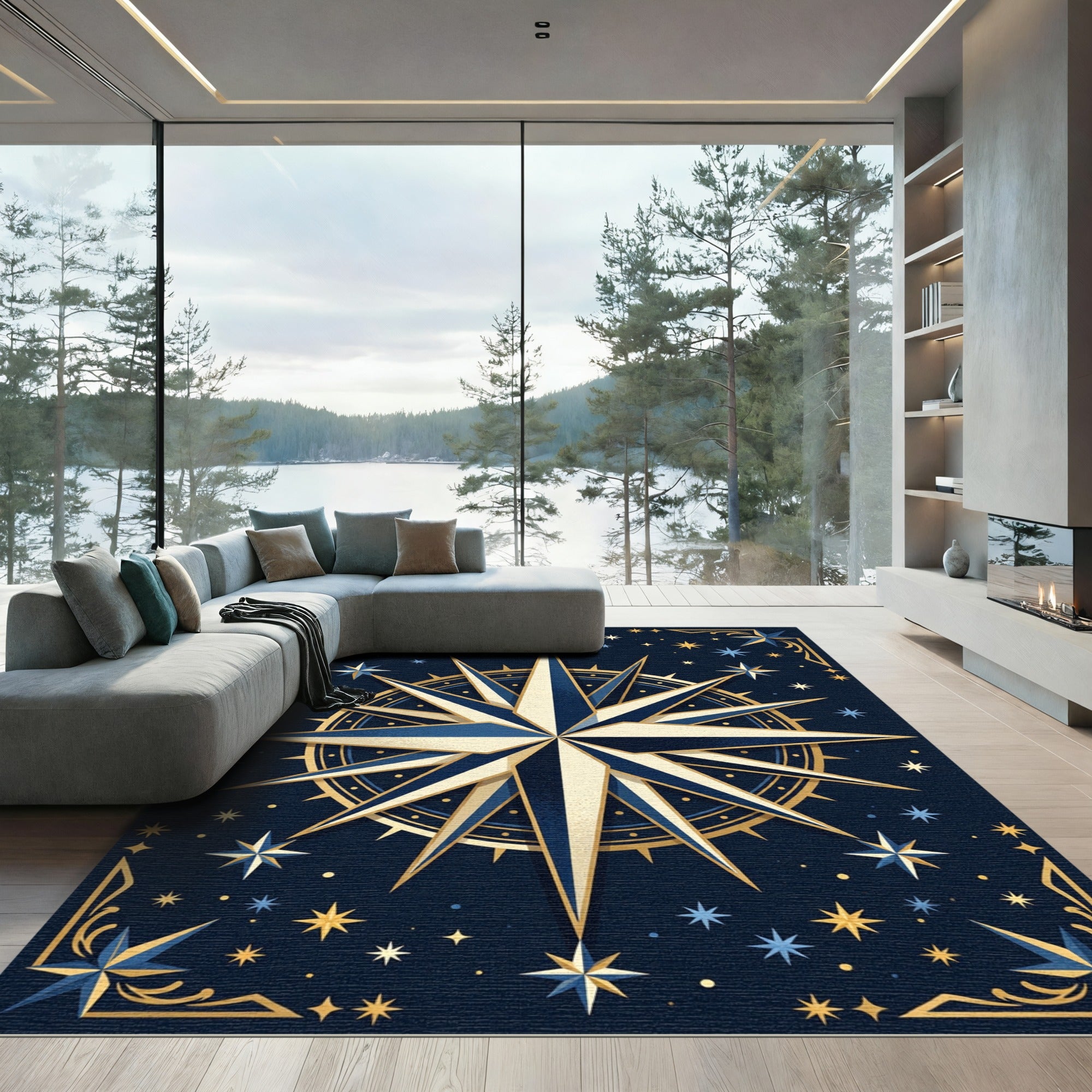 Celestial Navy and Gold Compass Rug