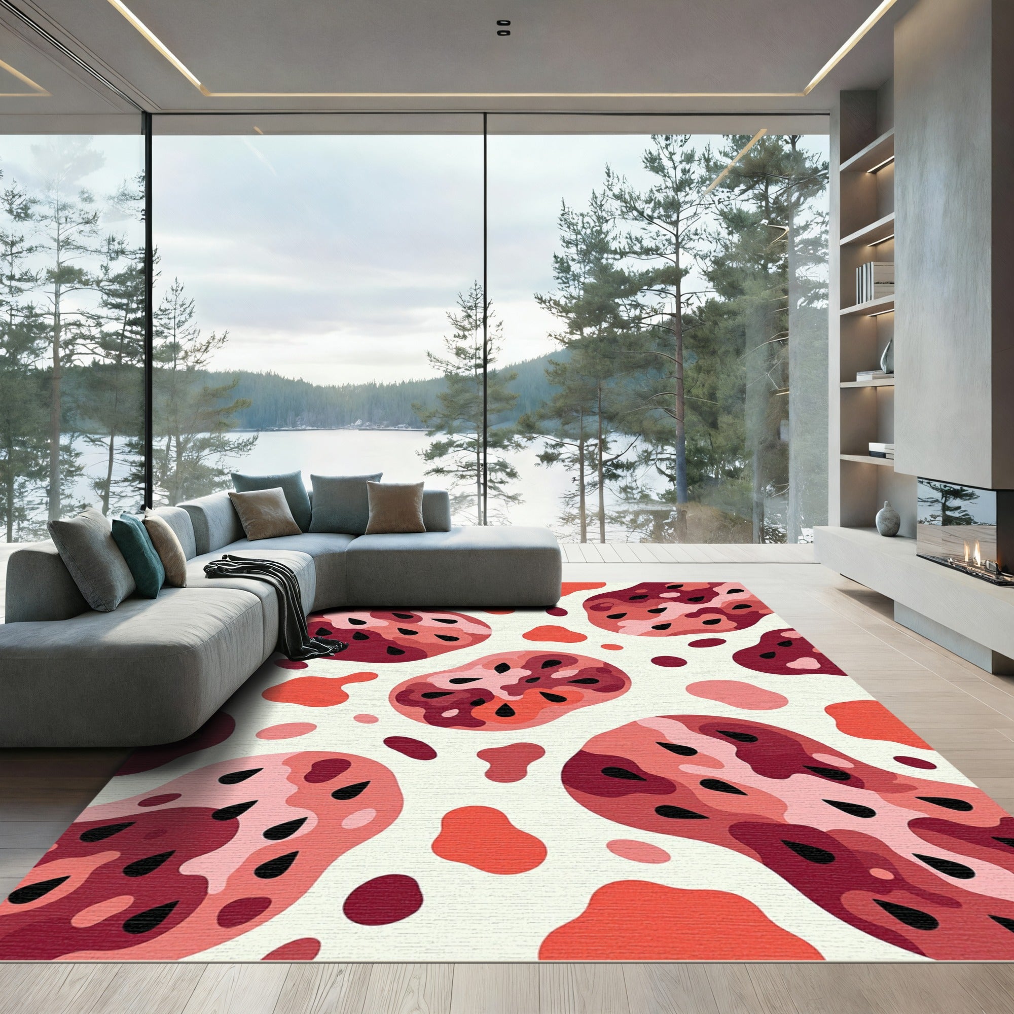 Crimson Pink Abstract Organic Shapes Rug