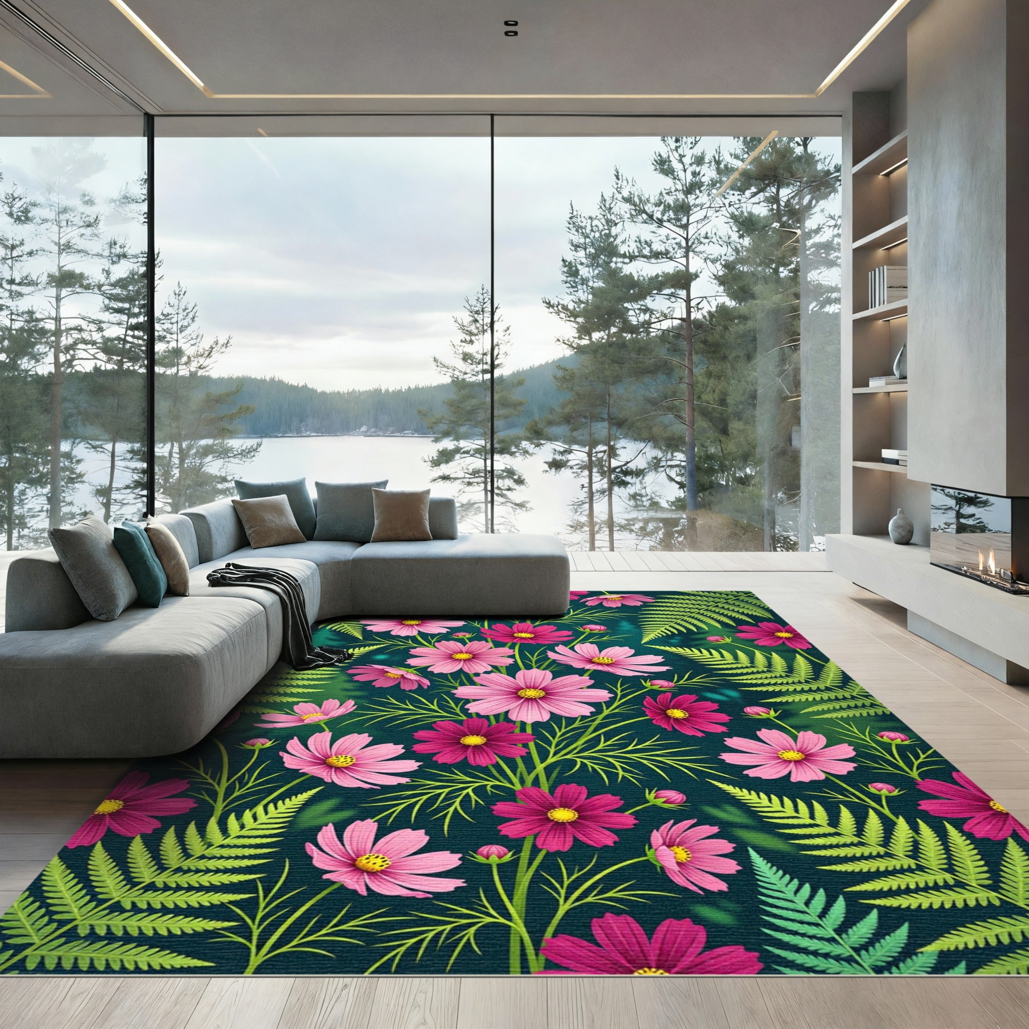Vibrant Pink Cosmos Fern Botanical Rug