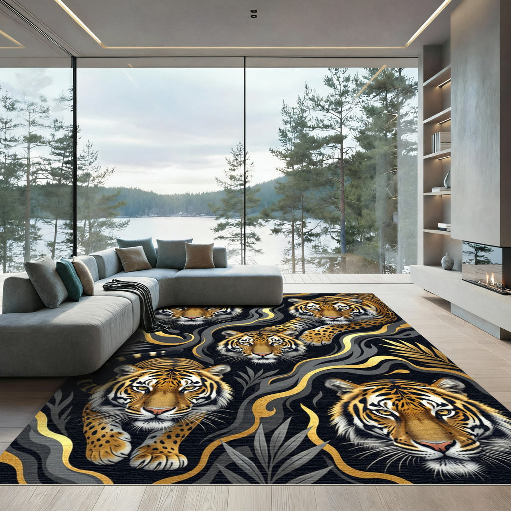 Golden Tiger Black Smoke Surreal Art Rug