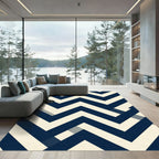 Navy and Cream Geometric Chevron Rug