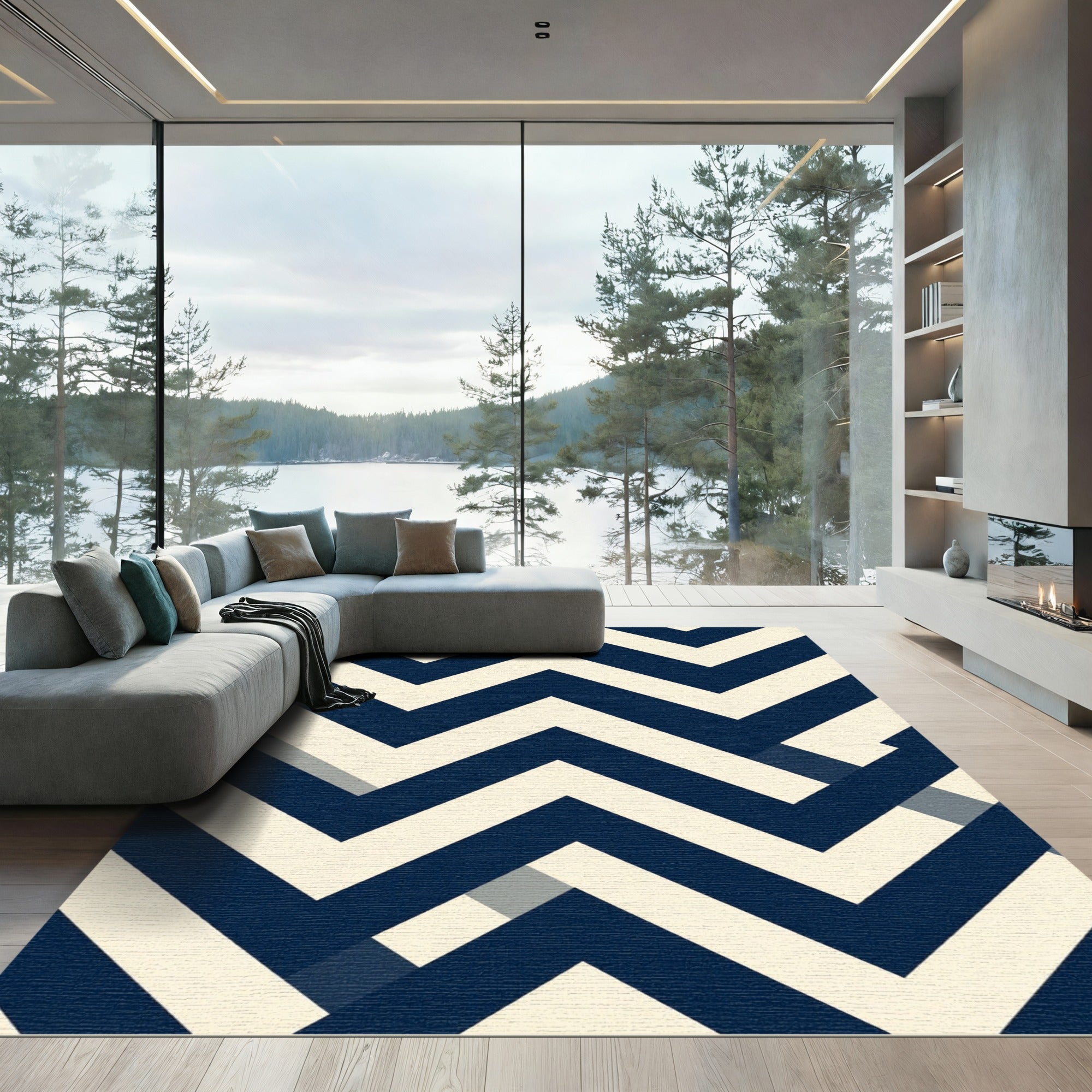 Navy and Cream Geometric Chevron Rug