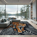 Bold Jungle Leopard Orange Tropical Foliage Rug