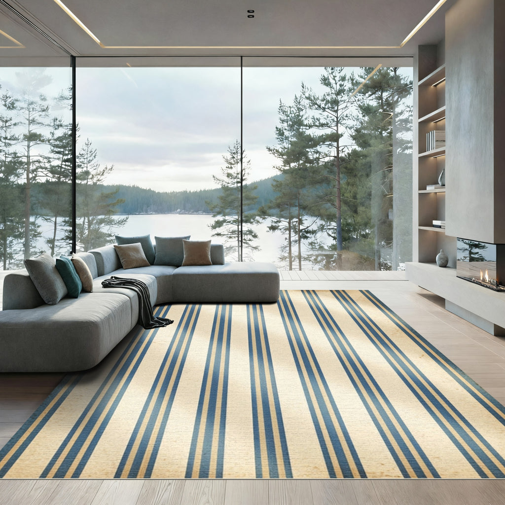 Classic Blue Cream Vertical Pinstripe Rug